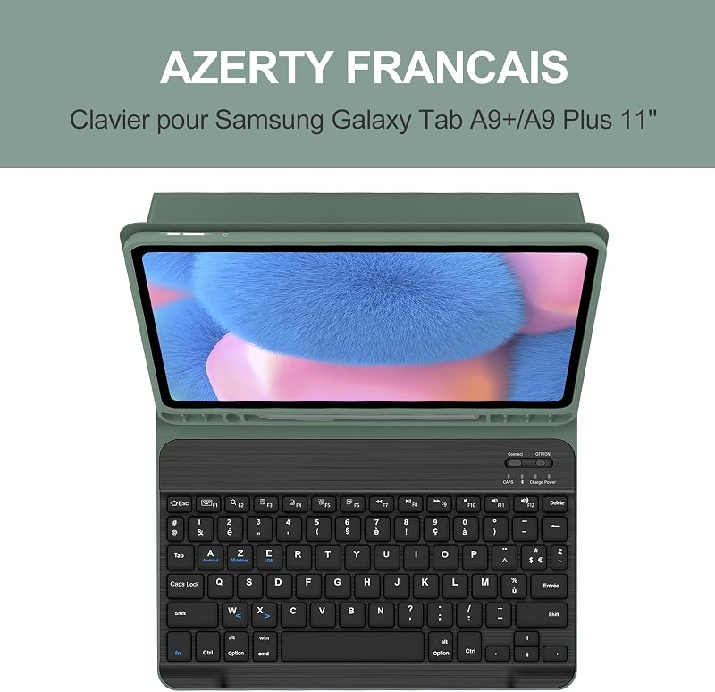 SENGBIRCH Samsung Galaxy Tab A9+ 11" Levehető Bluetooth Billentyűzetes Tok - Háttérvilágítással, Sötétzöld, Többféle Látószög, Automatikus A
