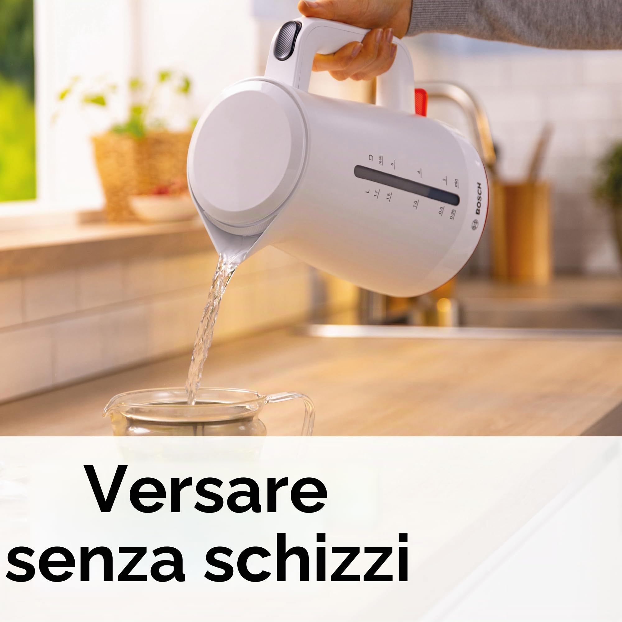 Bosch TWK3M121 Bollitore, Capacità 1.7 L, Filtro Anticalcare, Bianco | Bollitore, Riscaldamento Rapido, Filtro Removibile, Indicatore Livello Acqua, Spegnimento automatico, Facile da Pulire