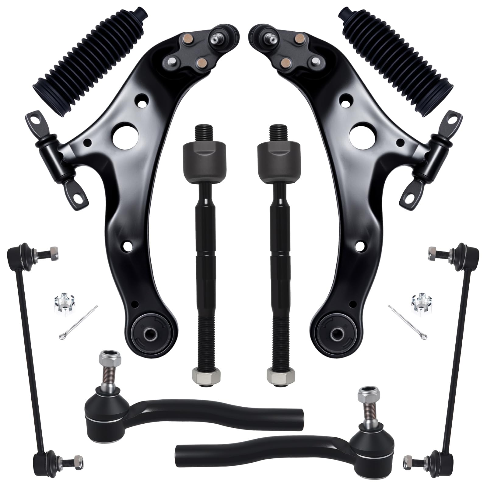 AUQDD 10Pcs Front End Kit Fit For 2012-2017 To-yota Camry, 2013-2018 Avalon, 2 Lower Control Arm w/Ball Joint 2 Sway Bar Link 4 Outer Inner Tie Rod