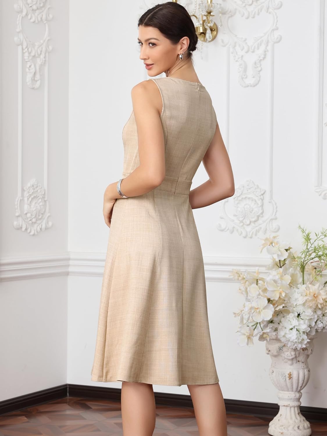 Allegra K Linen Dress for Women Sleeveless Boat Neck Adjustable Waist A Line Summer Business Casual Dresses - Image 2