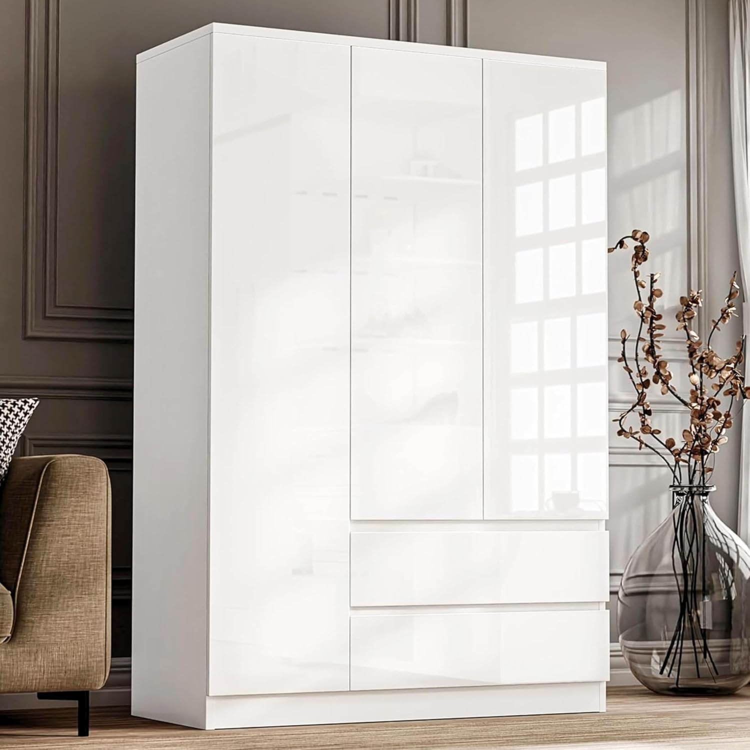 Blisswood High Gloss 3 Door Wardrobe – MDF Wooden Bedroom Wardrobe with Hanging Rail, Modern Large Storage Cupboard with 5 Shelves and 2 Drawers, Triple Wardrobe for Bedroom Furniture (White)