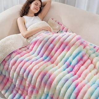 Drewin Weighted Blanket for Adults 15lbs Twin Size，Soft Blanket 48"x 72" | for Calm & Restful Sleep;Fluffy Ribbed Fleece;Cozy Warm Sherpa;Heavy Throw Blankets for Bed;Machine Washable;Tie-Dye Rainbow