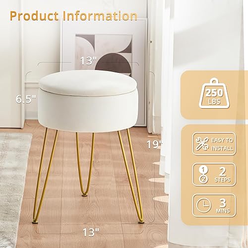 Miniatura 2 de LUE BONA Taburete de terciopelo para sala de maquillaje, otomana de almacenamiento redondo beige, taburete para tocador con patas doradas, silla de