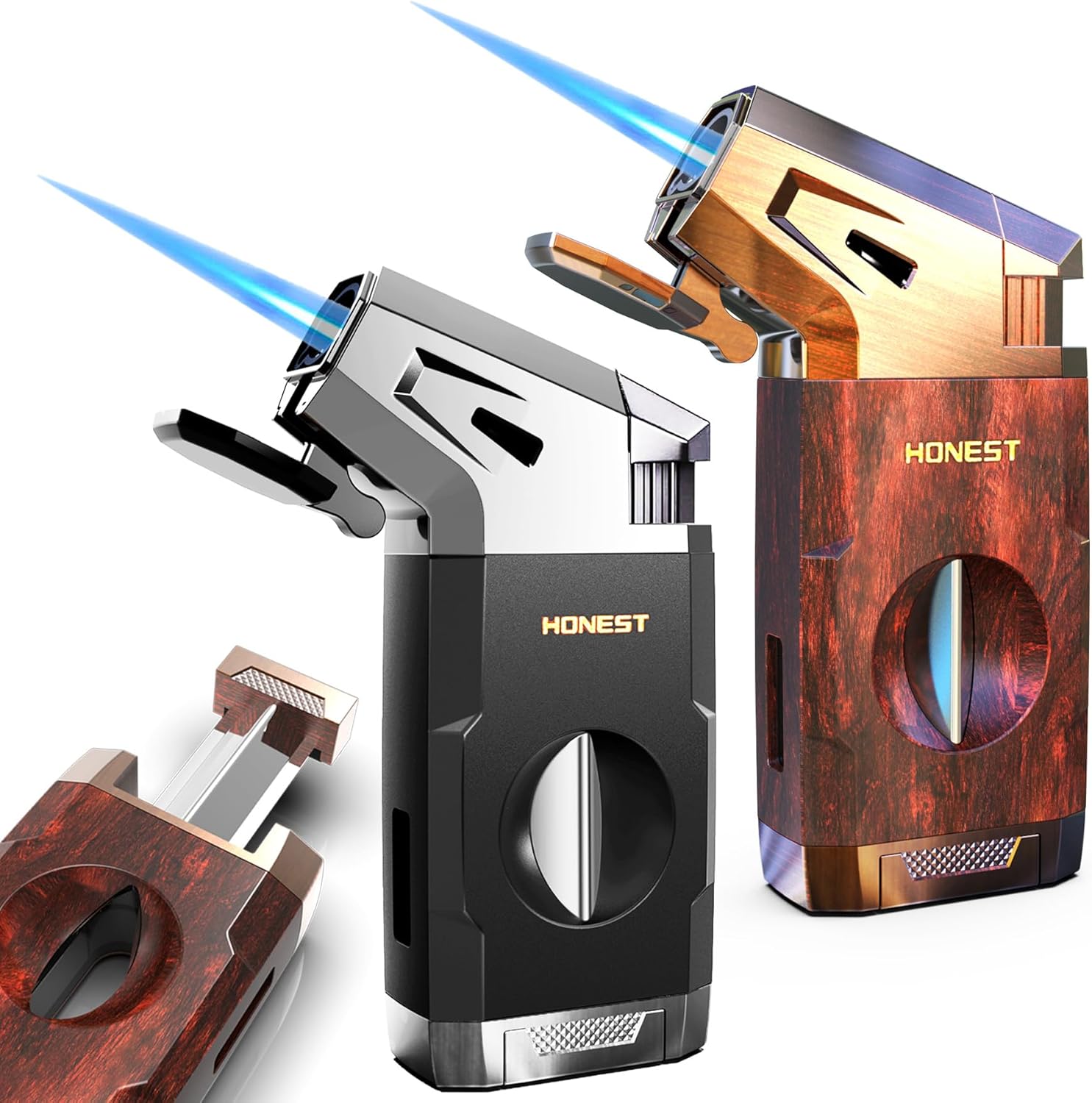 Butane Torch Lighter with V Cutter, Windproof Jet Flame Lighter Torch Refill, Adjustable Refillable Butane Lighter Gifts for Men, with Fuel Window, Butane not Include