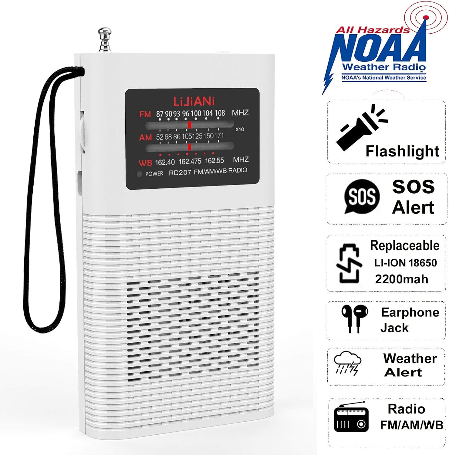 NOAA Weather Alert Radio AM FM Portable Transistor Radio,Battery Operated by Rechargeable 2200MAH, with Strong Flashlight Emergency SOS Alarm Ultra-Long Antenna Best Reception(with NOAA) : Electronics