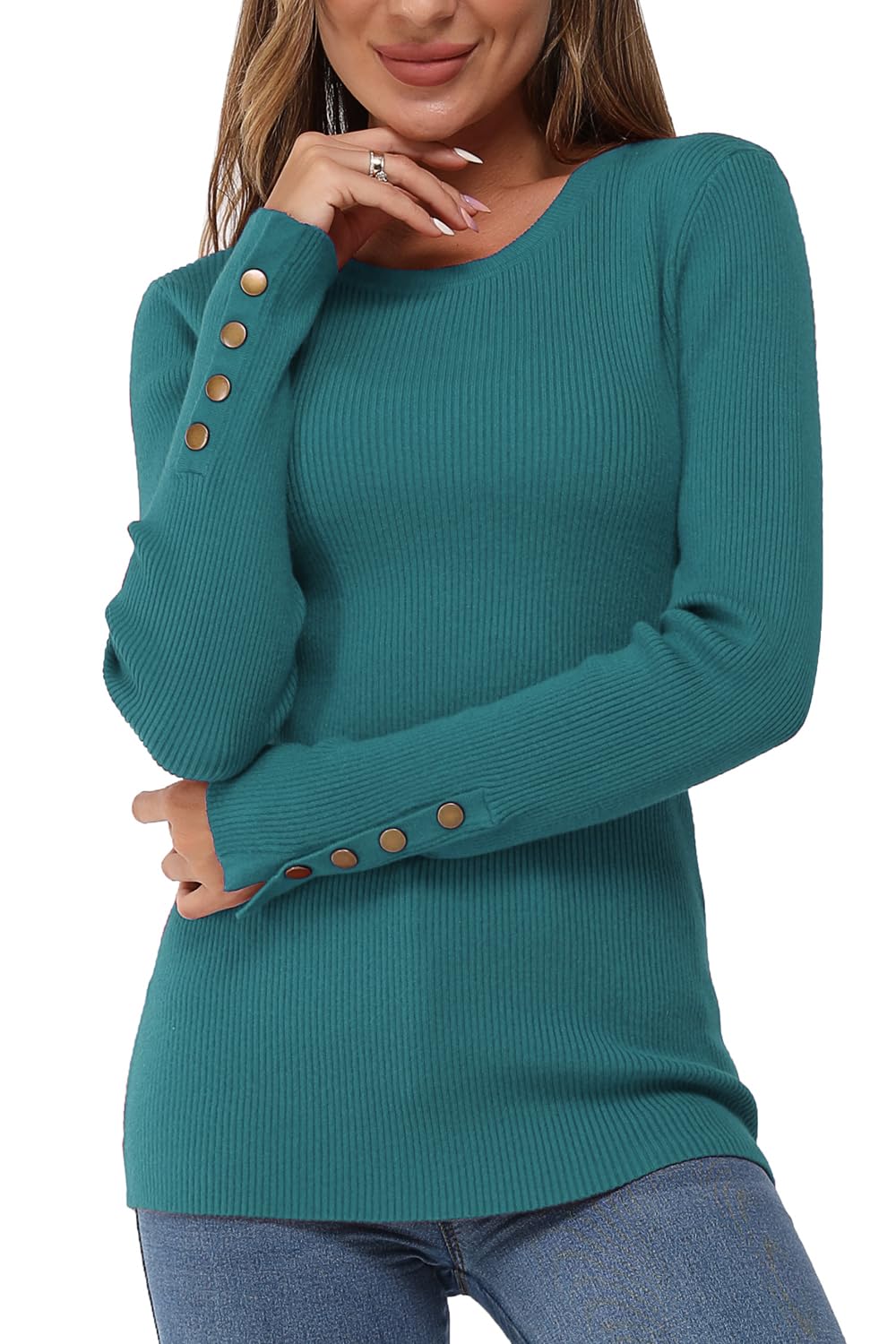 Newshows Long Sleeve Tops for Women UK Crew Neck Ladies Jumpers Button Solid Stretch Lightweight Jumpers