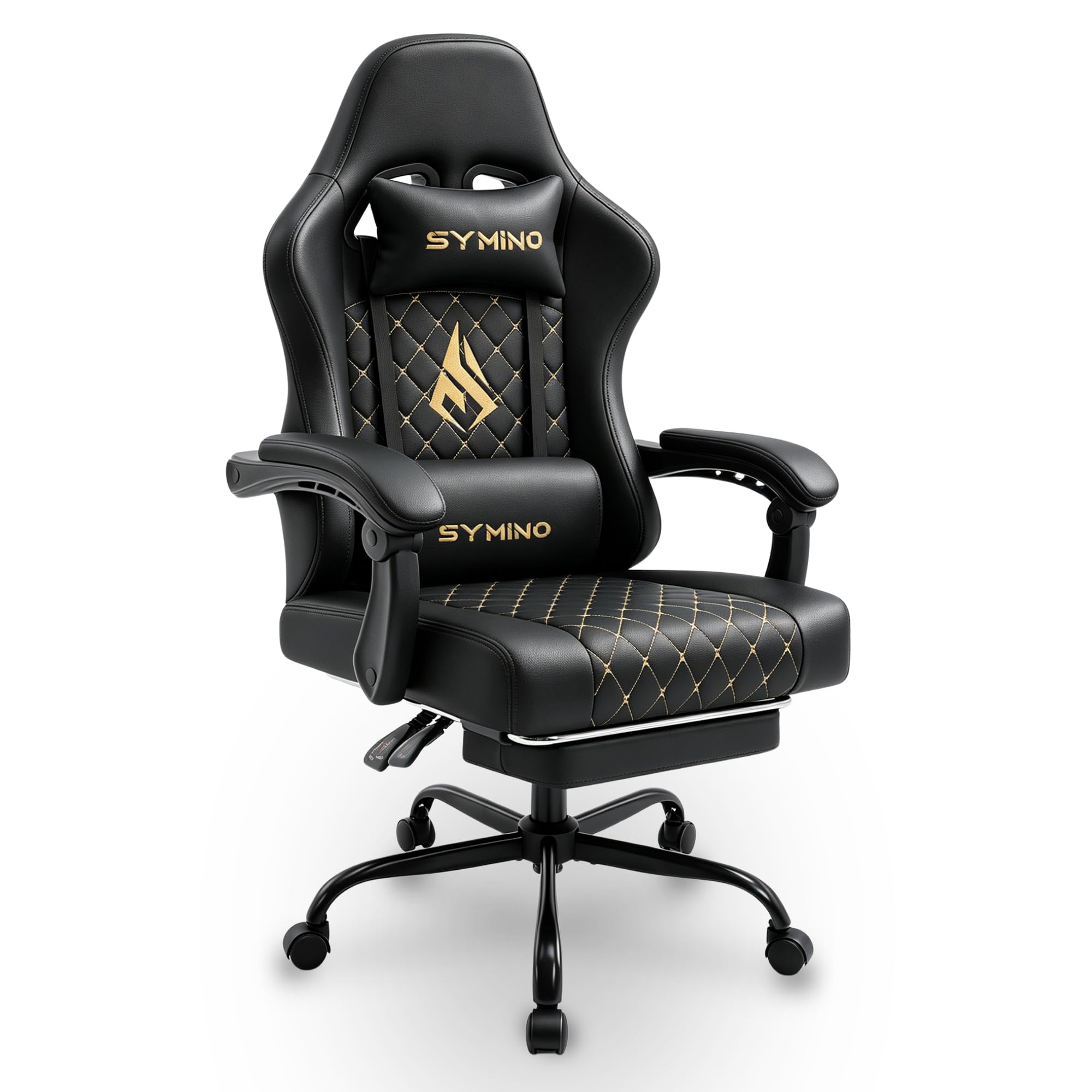 Symino Chaise de Gamer Ergonomique, Chaise Gaming avec Soutien Lombaire Repose-Pieds, Fauteuil de Bureau réglable et pivotant capacité de Charge 150 kg, Cuir PU Noir