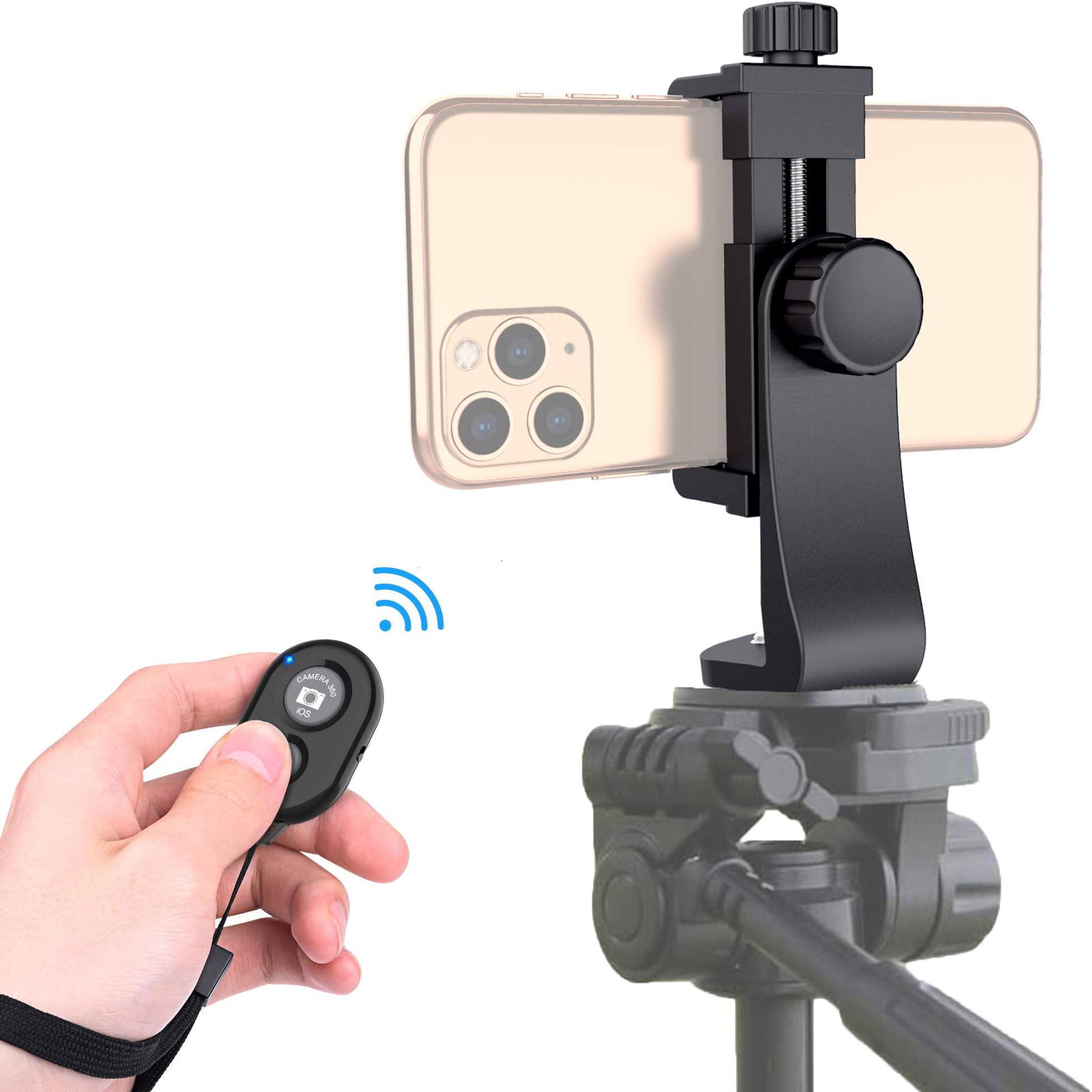ARMYU Phone Tripod Mount Adapter with Bluetooth Camera Remote, Cell Phone Holder with Adjustable Clamp for Selfie Stick Monopod Compatible with iPhone, Samsung and so on, Wrist Strap Included