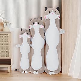 SNOWOLF Cute Long Cat Plush Body Pillow, Kawaii Cat Plushie Toys Cuddle Cartoon Stuffed Animals Soft Kitten Throw Pillow Doll Gift for Kids Girls Boys (27.5, Grey)
