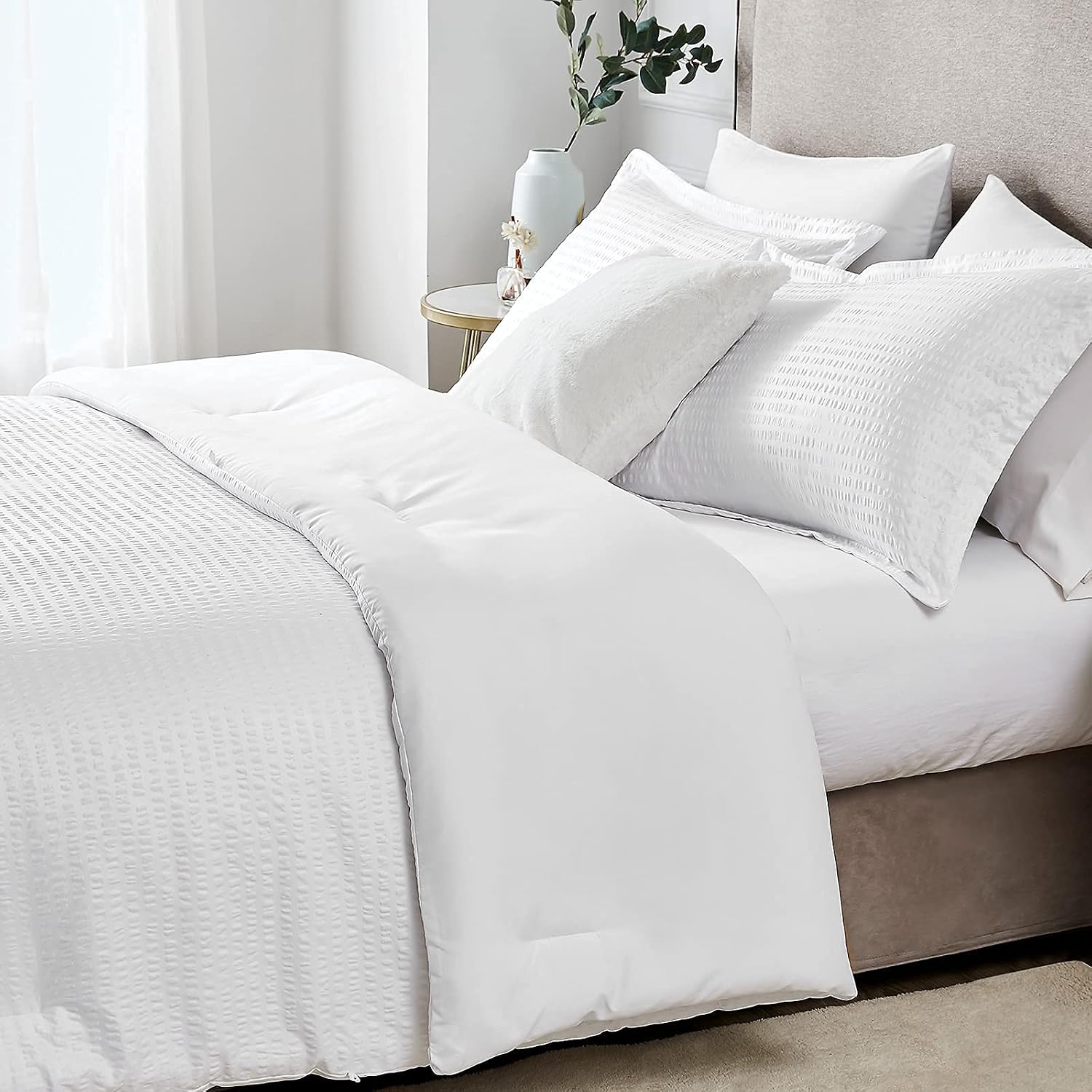EHEYCIGA Queen Comforter Set White, Luxury Seersucker Stripe Bedding Comforter Sets, 3 Pieces Queen Size Comforter Sets for Queen Bed (1 Comforter with 2 Pillow Shams, 90x90 inches)