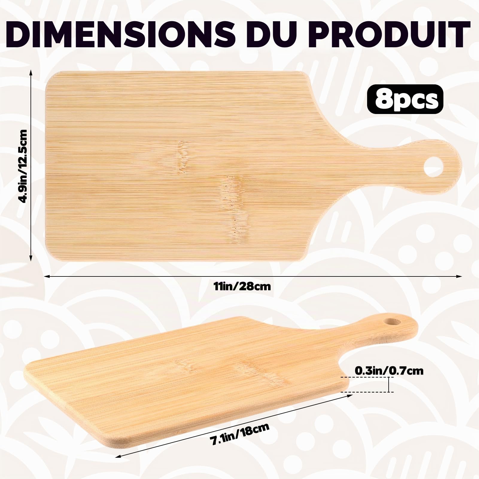 Lot de 8 planches à découper en bambou réversibles de 27,9 x 12,7 cm avec poignée antidérapante pour viande, légumes, fruits et fromage