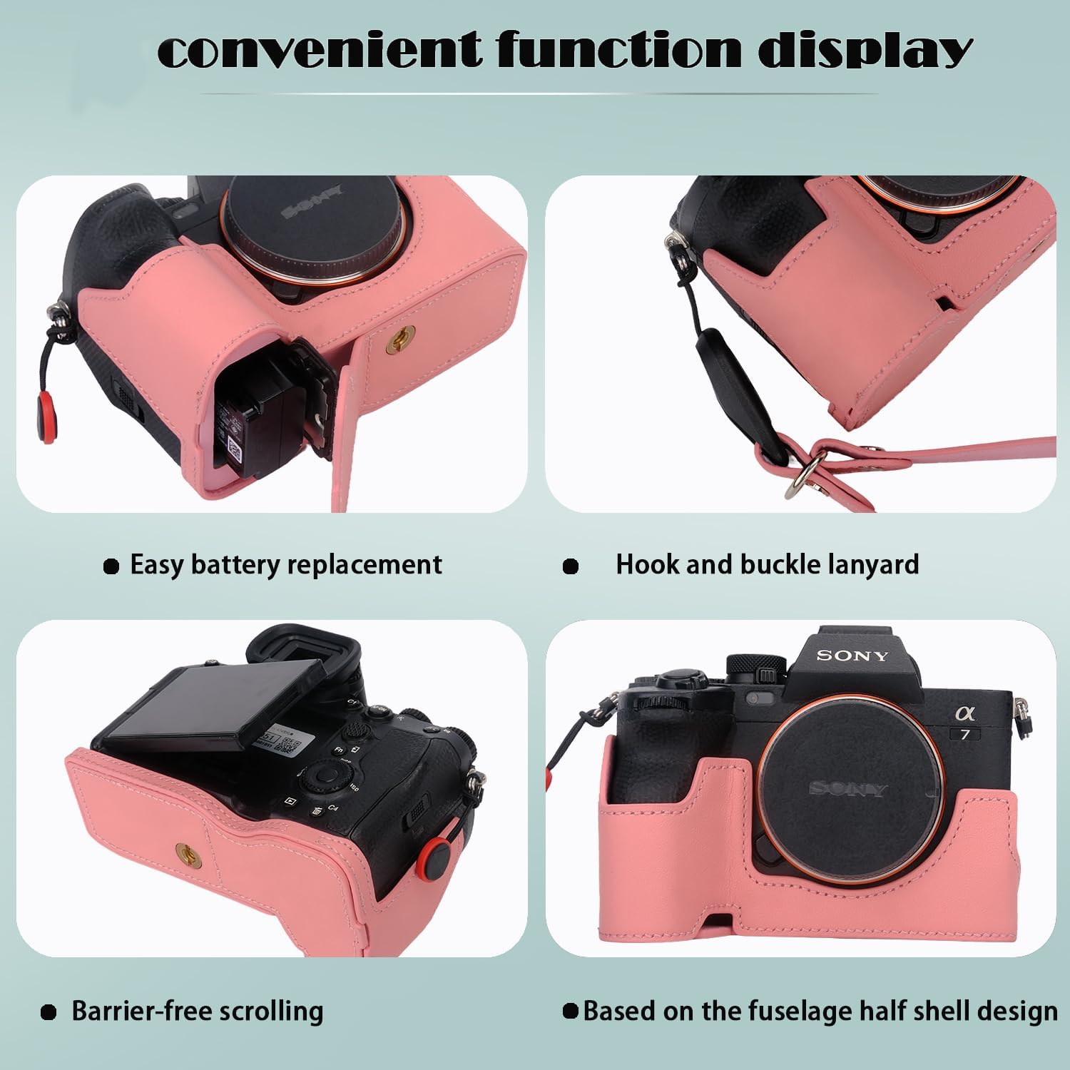 Bowan for Sony A7 Mark IV Camera Case,Handmade Genuine Real Leather Half Camera Case Bag Cover for A7IV A7M IV A7M4 A7 Mark IV A7RV A7R5 Camera Bottom Opening Version + Hand Strap (Pink)