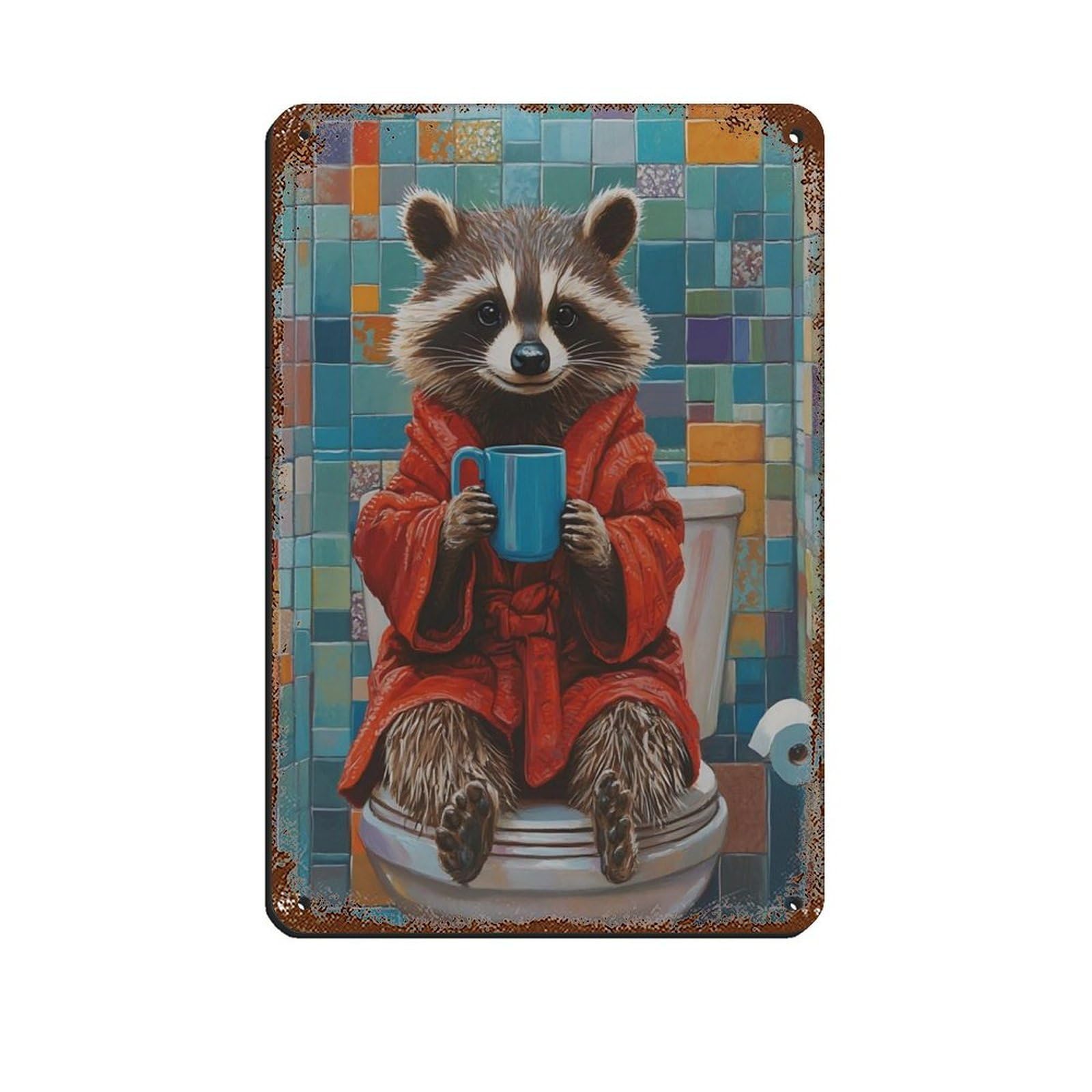 Cute Raccoon, Raccoon in Bathroom Retro Poster Metal Tin Sign Chic Art Retro Iron Painting Bar People Cave Cafe Family Garage Poster Wall Decoration 8x12inch(20x30cm)