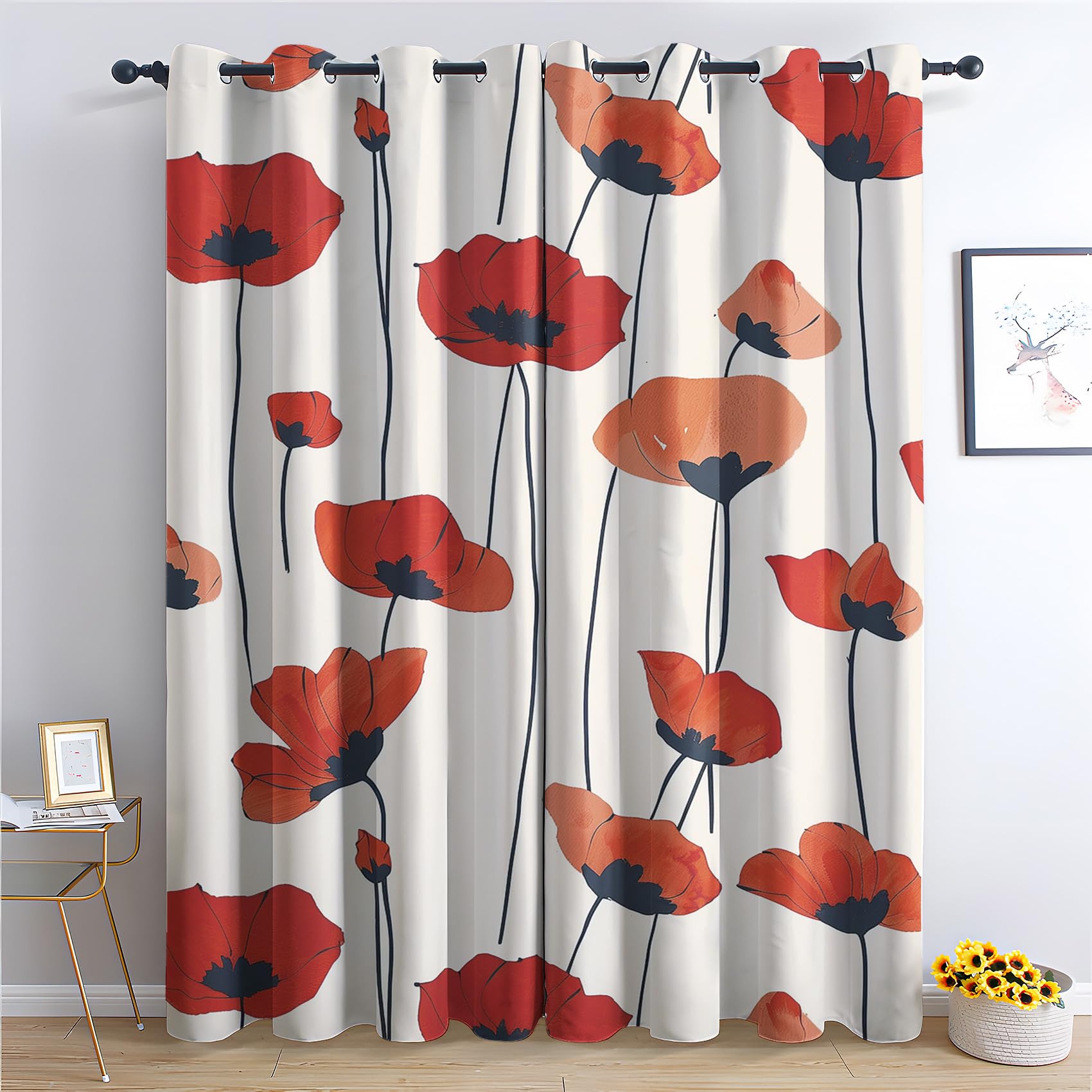 Poppy Curtains for Bedroom Living Room - Girls Red Flower Blackout Curtains 46 x 90 Inch (Width x Drop), Thermal Insulated Eyelet Curtains & Drapes, Patterned Window Treatments C-#125