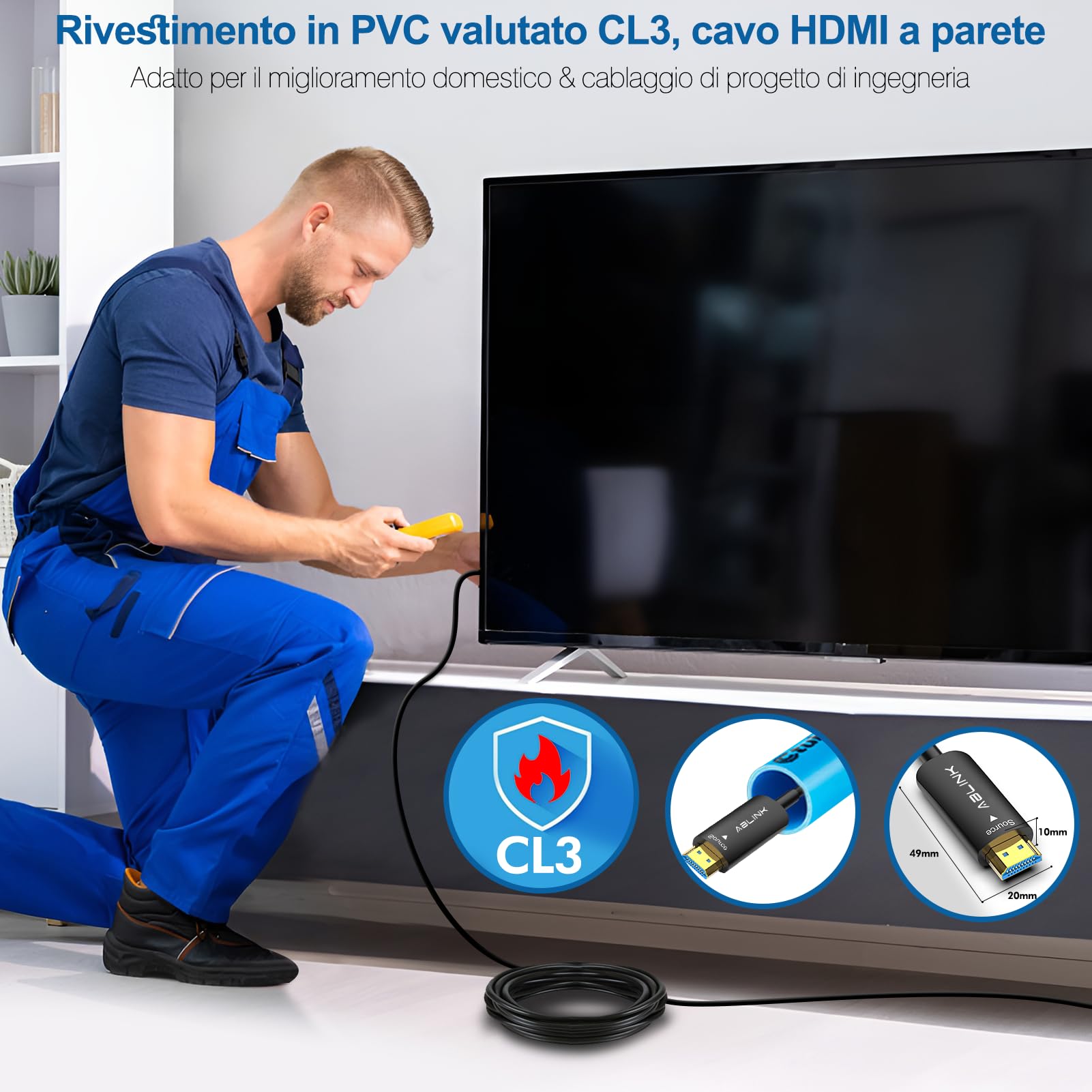 Ablink 8K Cavo HDMI Fibra Ottica 15m,HDMI 2.1 Velocità Ultra Alta 48Gbps Cavi CL3,Supporto 8K@60Hz, 4K@120Hz,HDR10, HDCP2.3, eARC,Home Theatre, Installazione a parete,Compatibile con PS5,HDTV,Monitor