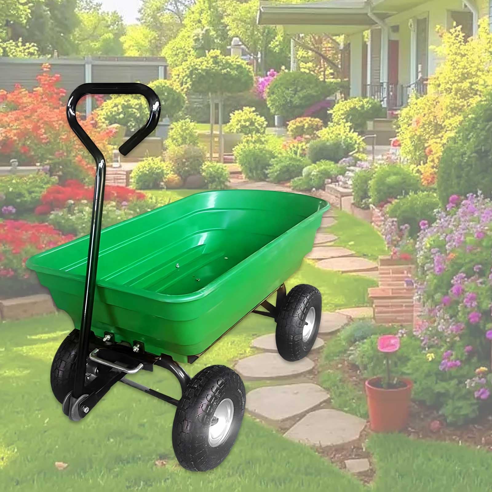 Chariot à benne robuste, capacité de 75 L, capacité de 350 kg, brouette à 4 roues avec lit basculant, chariot utilitaire pour jardin, pelouse, ferme, travail en plein air