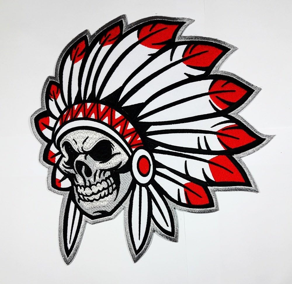 RABANA XXL Skull Native American Indian Motorcycle biker Patch for DIY Bone Ghost Hog Outlaw Hot Rod Motorcycles Rider Lady Biker Jacket T shirt Patch Sew Iron on Embroidered Badge Sign Costume
