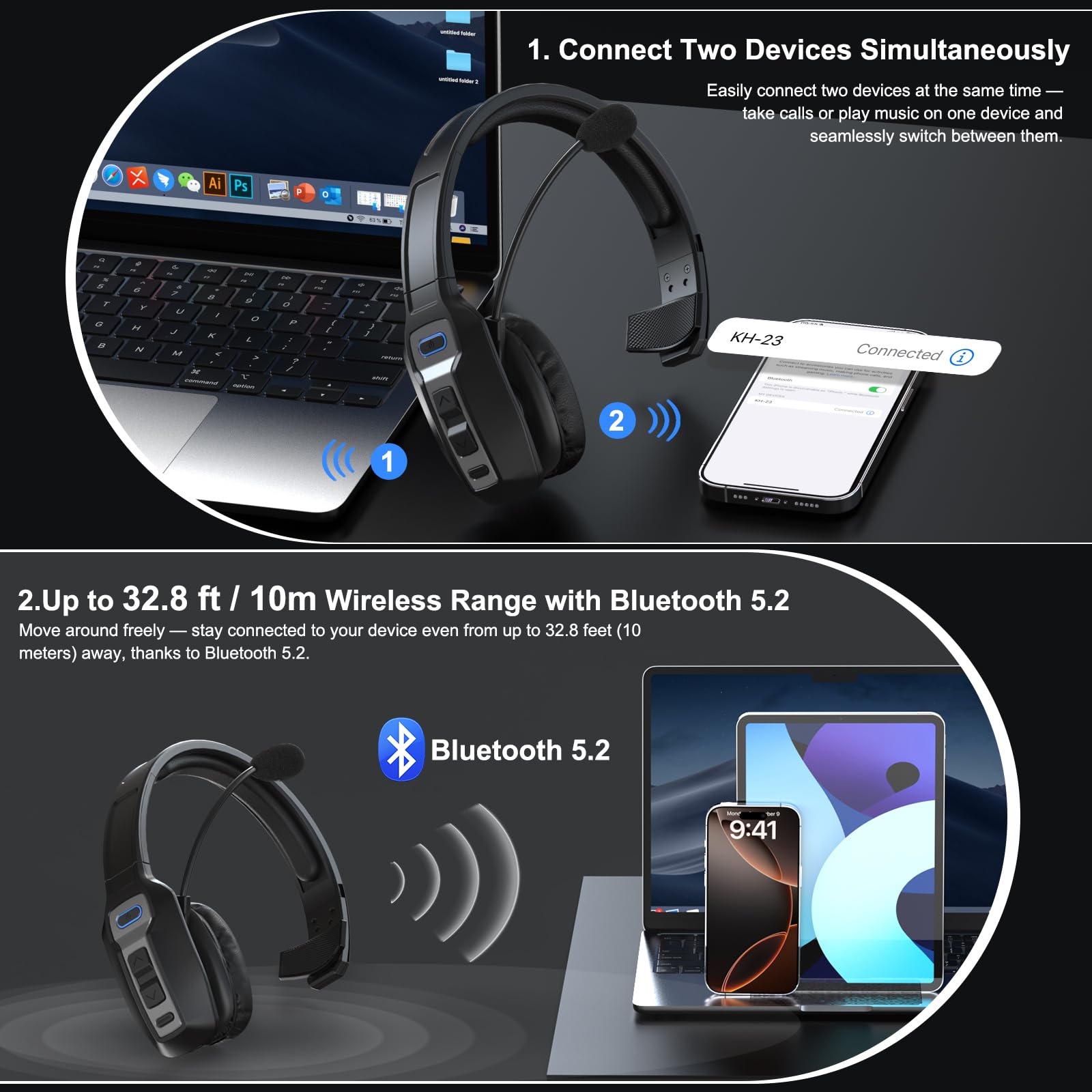 ShinePick Cuffia con Microfono per PC - Auricolari Bluetooth Cuffie Cancelling Rumore Mono Headphones Ricaricabili Ufficio Wireless Cuffie Per Ufficio, Call Center, Camionisti, Smartworking, PC