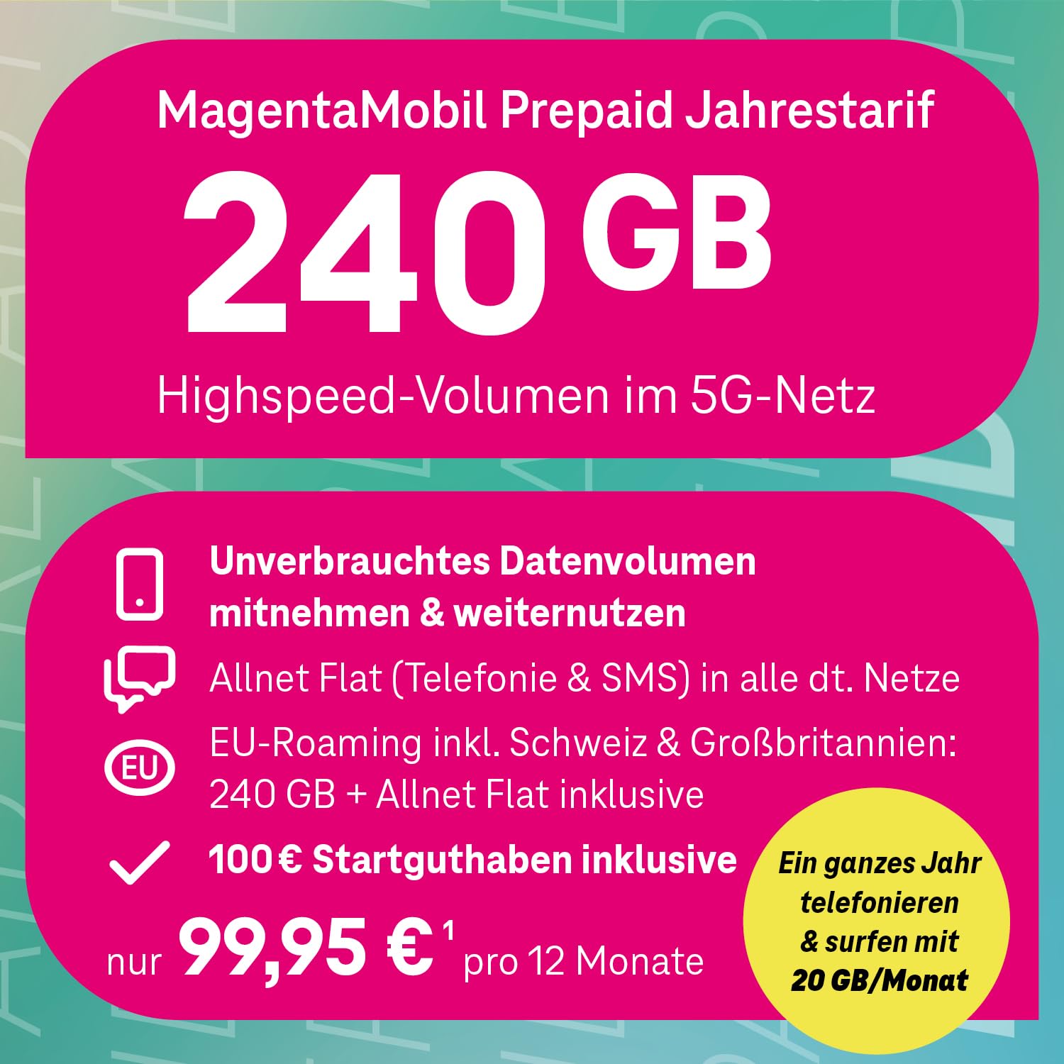 Telekom MagentaMobil Prepago Anual Tarifa Anual 156 GB (13GB/mes) | 5G/LTE Max & Allnet Flat en todas las redes dt. | continuar utilizando el volumen de datos no utilizados | EU Roaming & Hotspot Flat