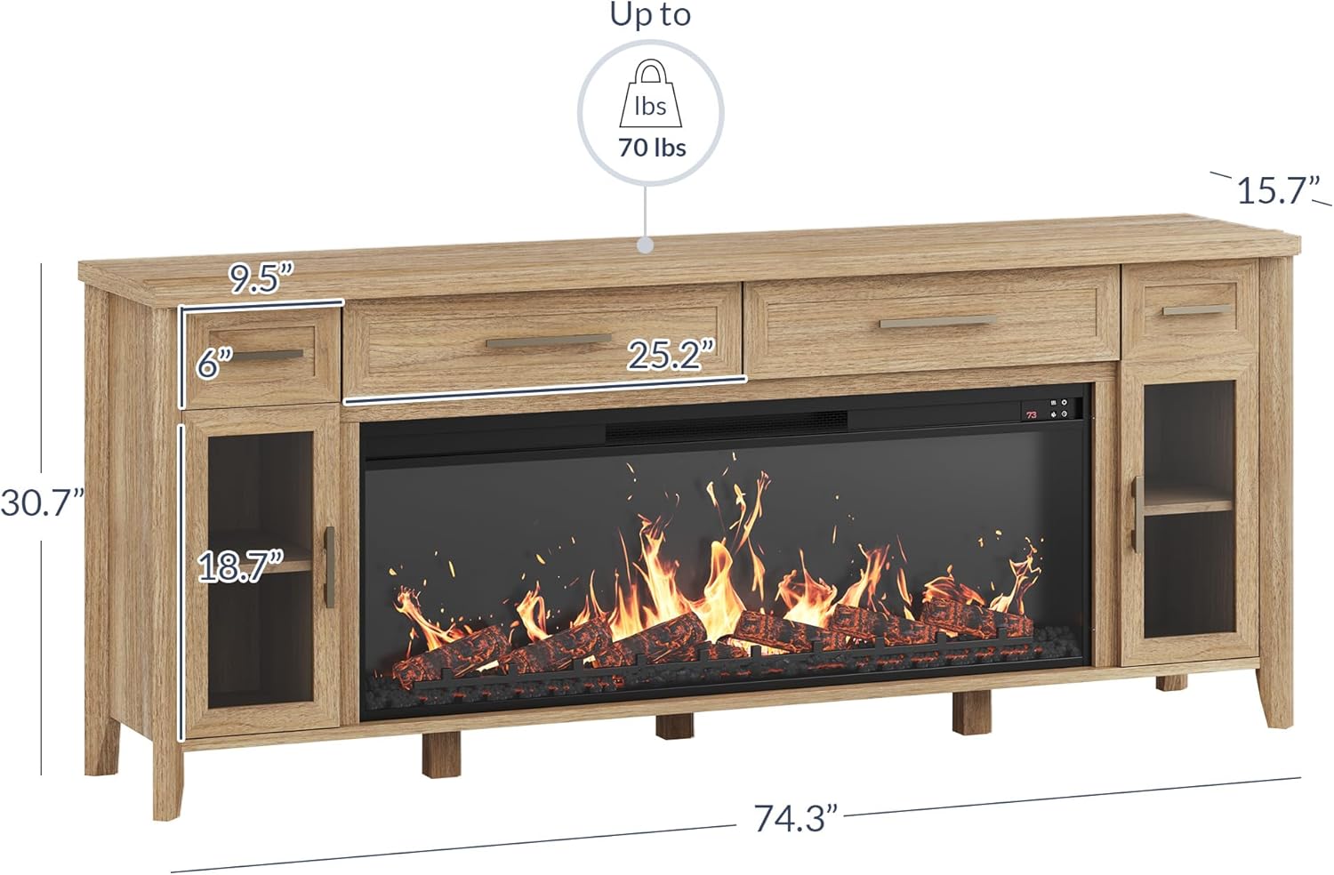 Diagram showing the dimensions of the BELLEZE 74-Inch Rustic TV Stand, including height, depth, width, and drawer/cabinet measurements.