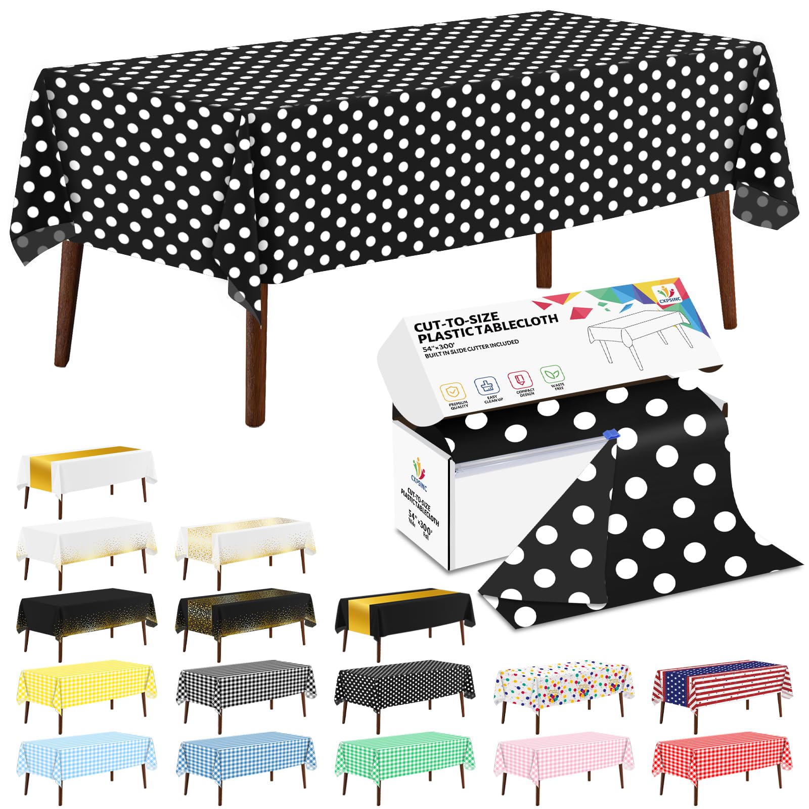 CXPSINC 54 Inch X 300 Feet Plastic Table Cover Roll Disposable Tablecloth with Slide Cutter for All Type/Shape Tables | Party, Banquet, Birthdays, Weddings(Black & White Dot, 300 Feet) โ image 1