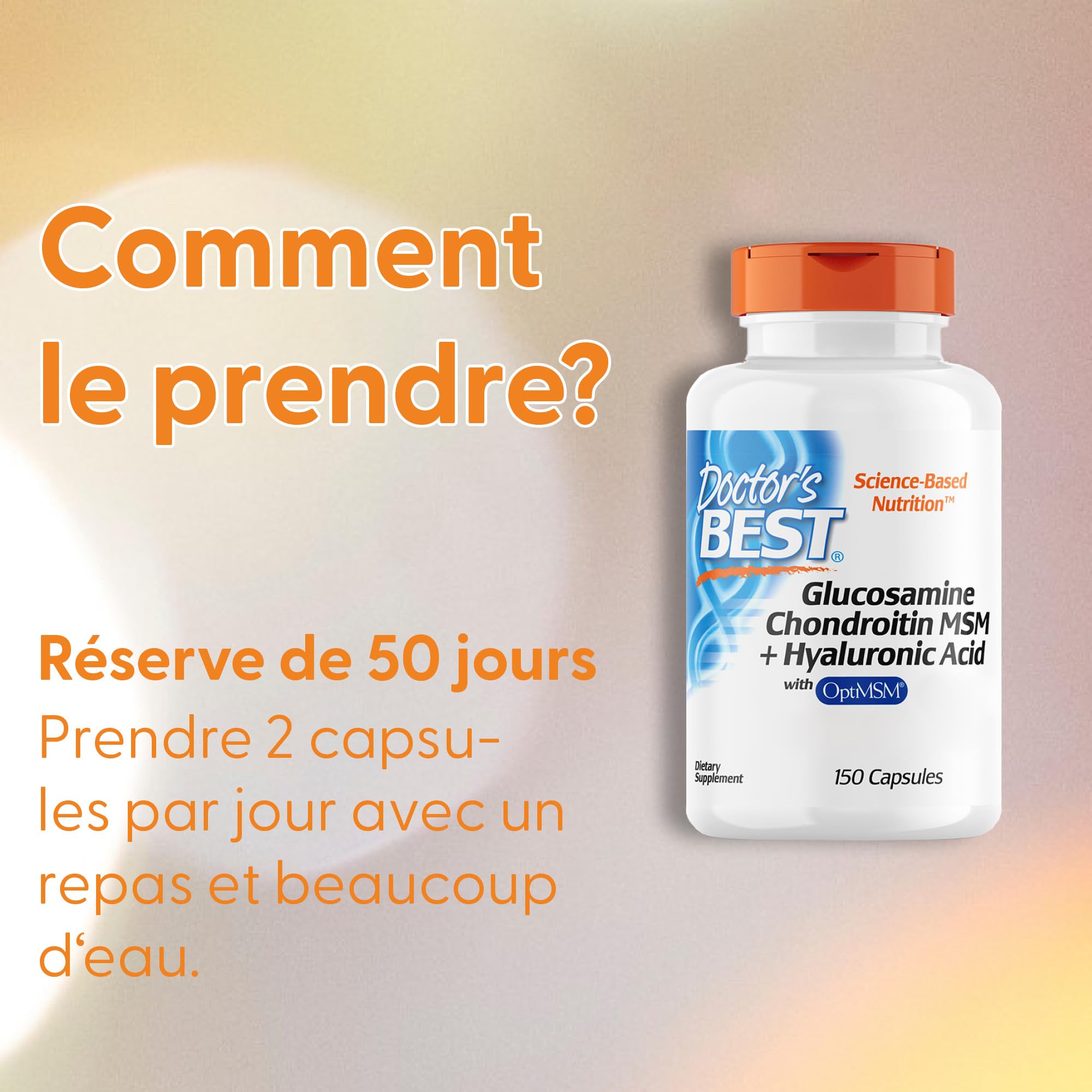 Doctor's Best, Glucosamine, Chondroïtine, MSM et Acide Hyaluronique, 150 Gélules, Sans Gluten, Sans Soja