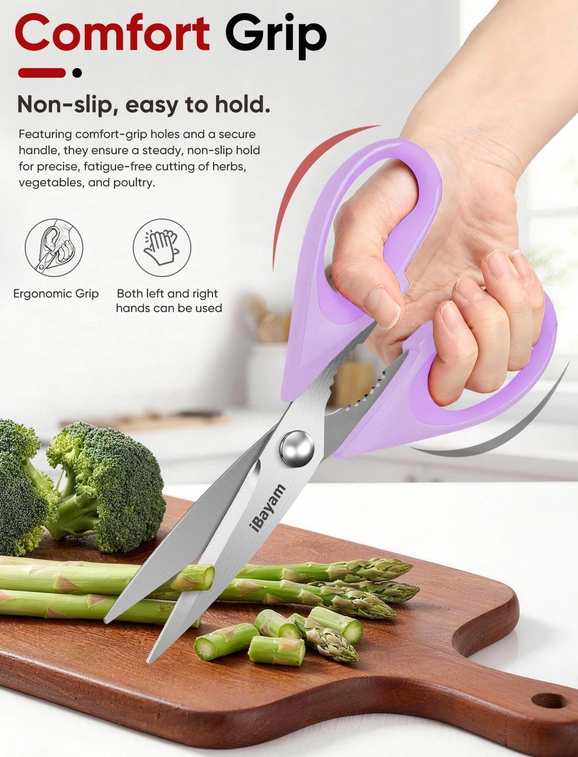 iBayam Kitchen Shears, Stainless Steel Scissors with Blade Cover, 3 Pack, Purple, Pink, Teal