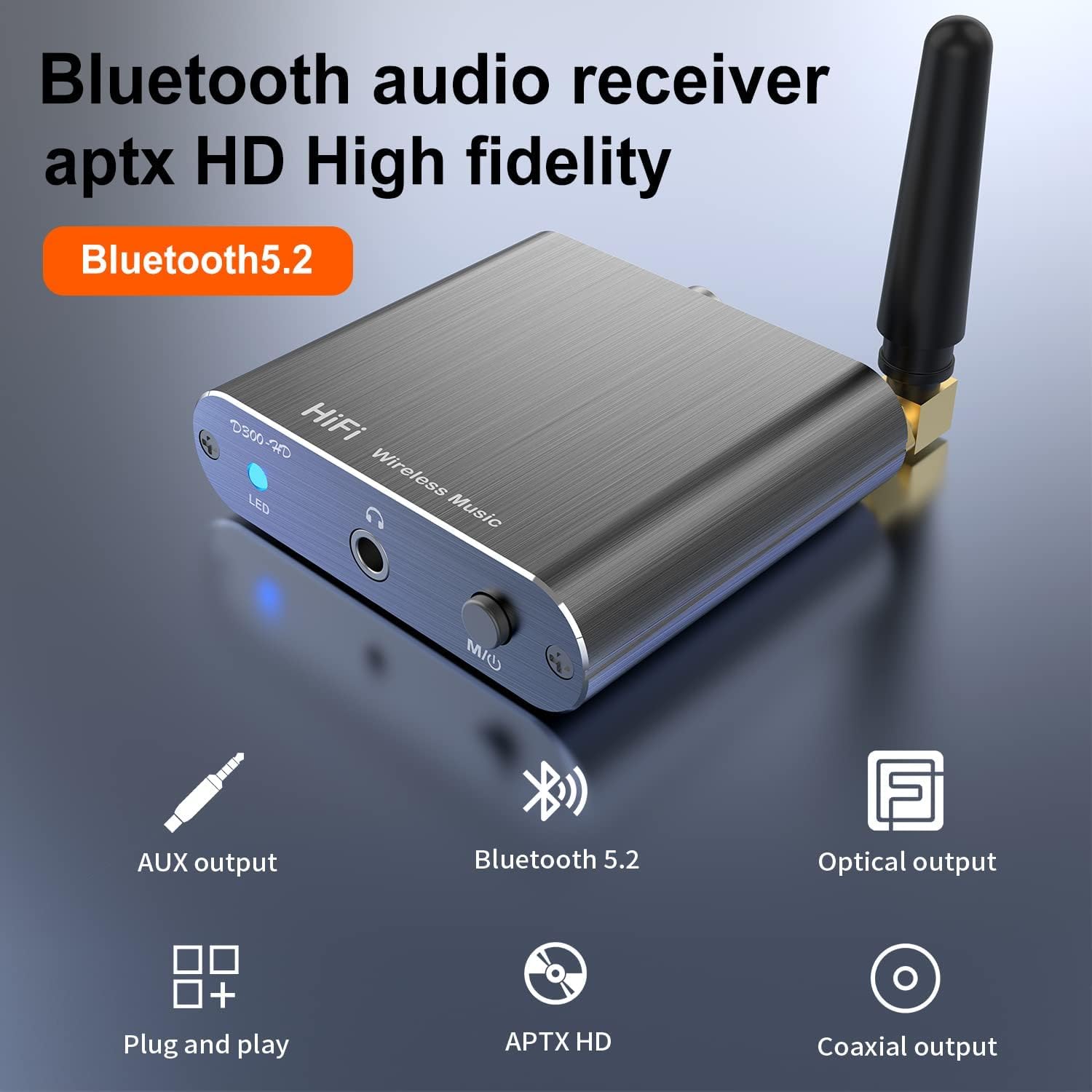 Receptor Bluetooth para estéreo doméstico, adaptador DAC Bluetooth 5.3 con salida RCA/óptica/AUX de 3.5 mm. Convierte altavoces con cable en receptor de audio inalámbrico de alta fidelidad para