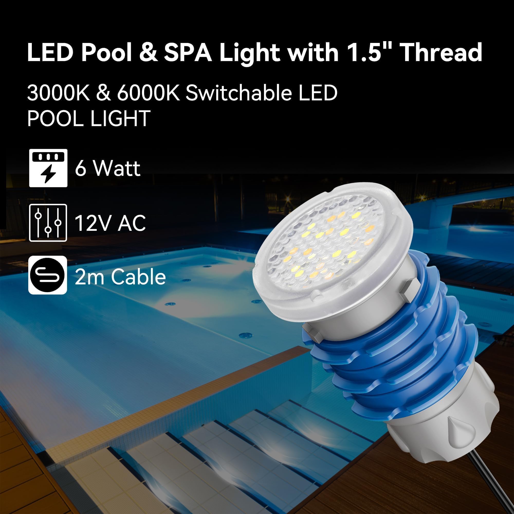 LyLmLe Mini Proiettore LED Piscina con Filettatura 1" 1/2, 6W Lampade Piscina Bianco Selezionabile 3000K & 6000K, Ø49mm, 12V AC IP68 Impermeabile Subacquee Luci per Piscinas Cemento SPA Gradini