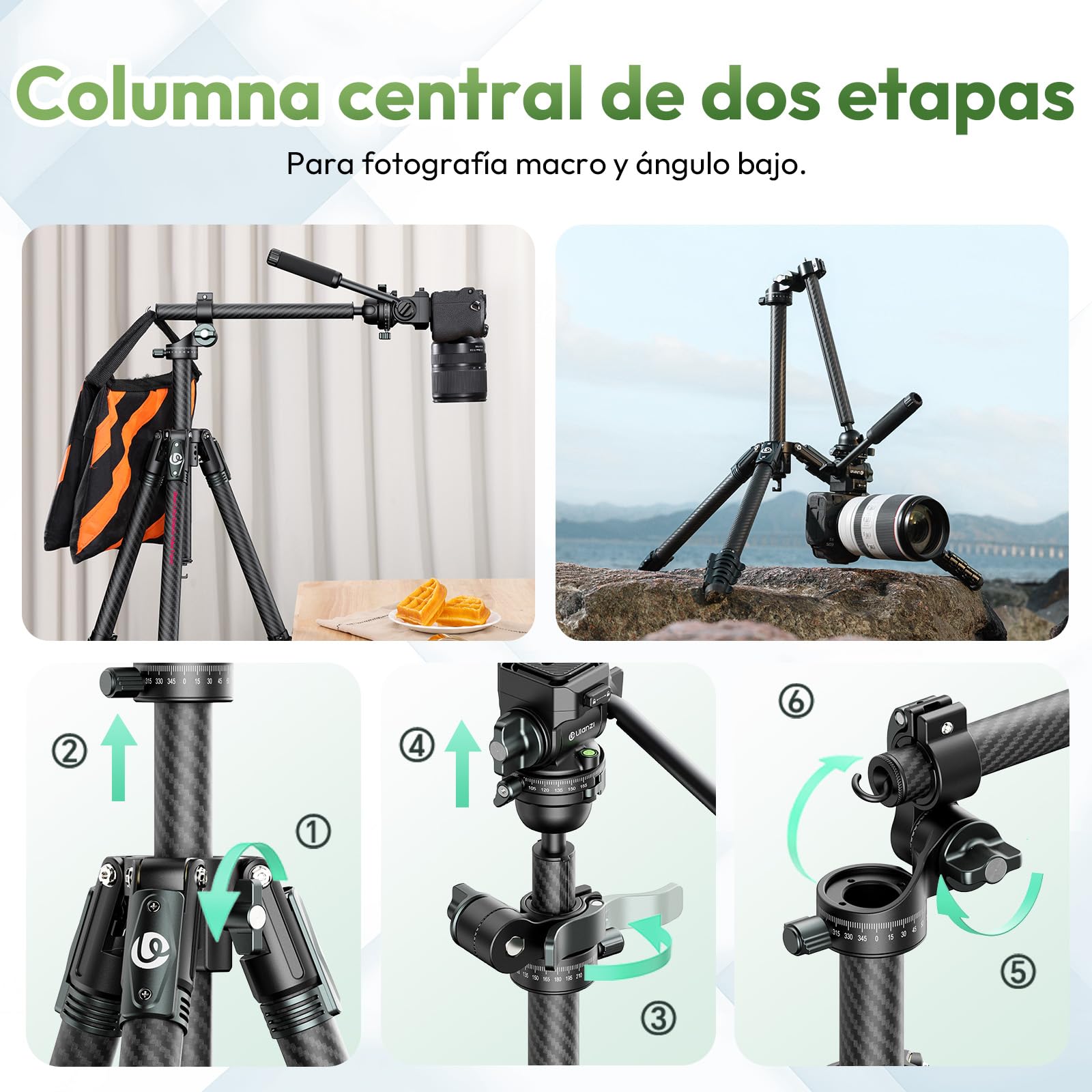 ULANZI JJ06 GlideGo Trípode de Vídeo de Fibra de Carbono, Trípode de Cámara con Doble Cabezal panorámico de 360°, -50°/+60° Tilt Pan, Placa de Liberación Rápida Uka y Mango Destornillador, 18kg MAX