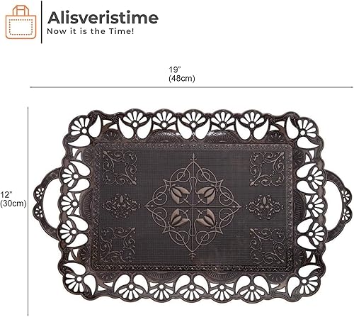 Miniatura 3 de Alisveristime Bandeja otomana turca grande hecha a mano con bordes florales y asas, hecha de zamac, opciones multicolor (18.9 pulgadas de largo x 12