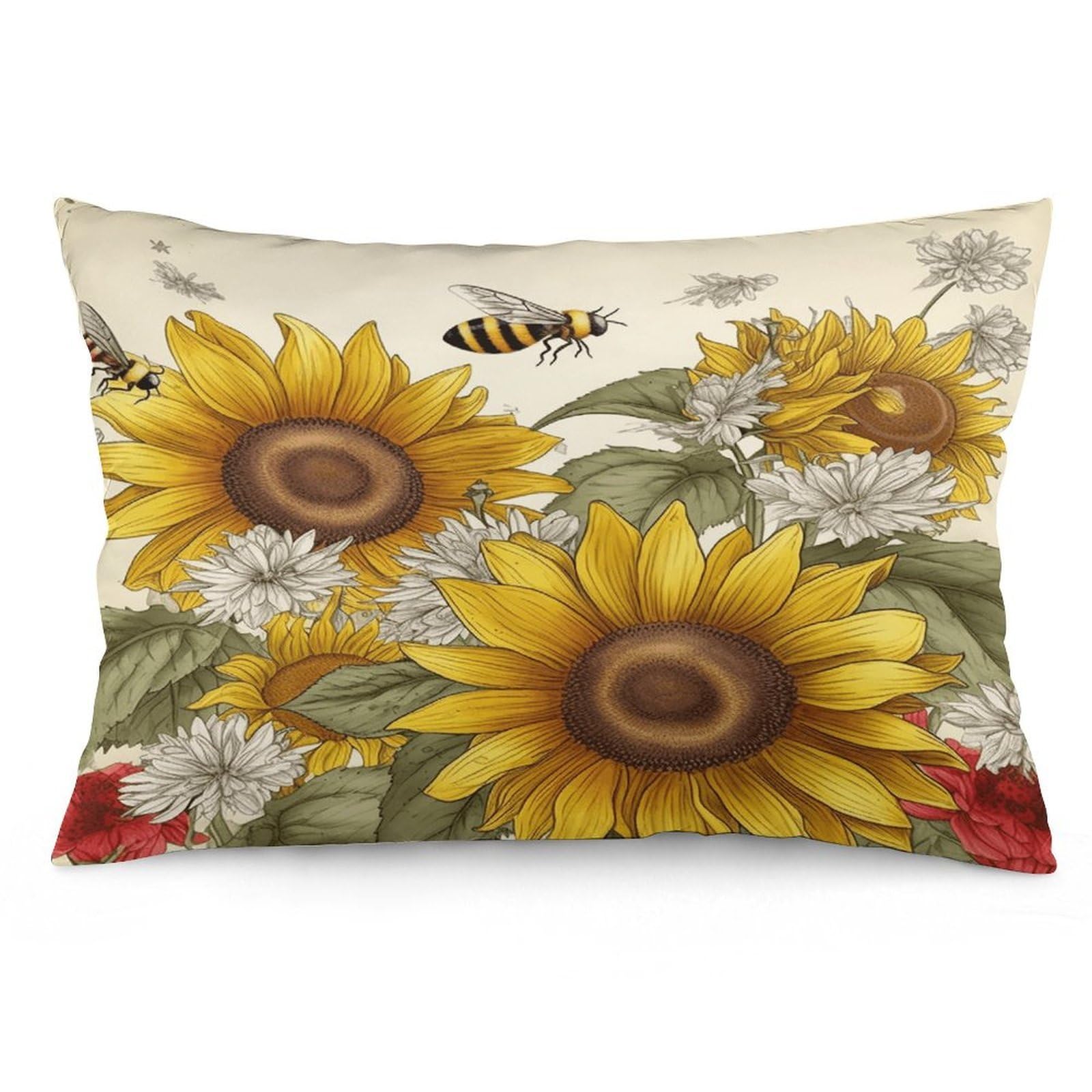 Bees Sunflowers Daisy Rose Flowers Throw Pillow Cover Soft Pillow Case Decorative Lumbar Pillow Cover Cozy Throw Pillowcase Polyester Rectangular Cushion Case Decor for Couch Sofa Bed