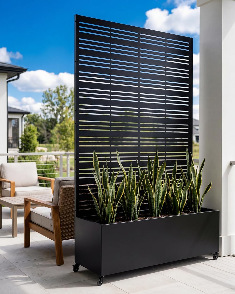 Metal Raised Garden Bed with Trellis, 73"×47"×16" Privacy Screen Planter Box on Wheels — 61 lbs Won't Blow Over, Rust-Proof Louvered Design for Climbing Plants, Patio, Deck, Balcony - Black