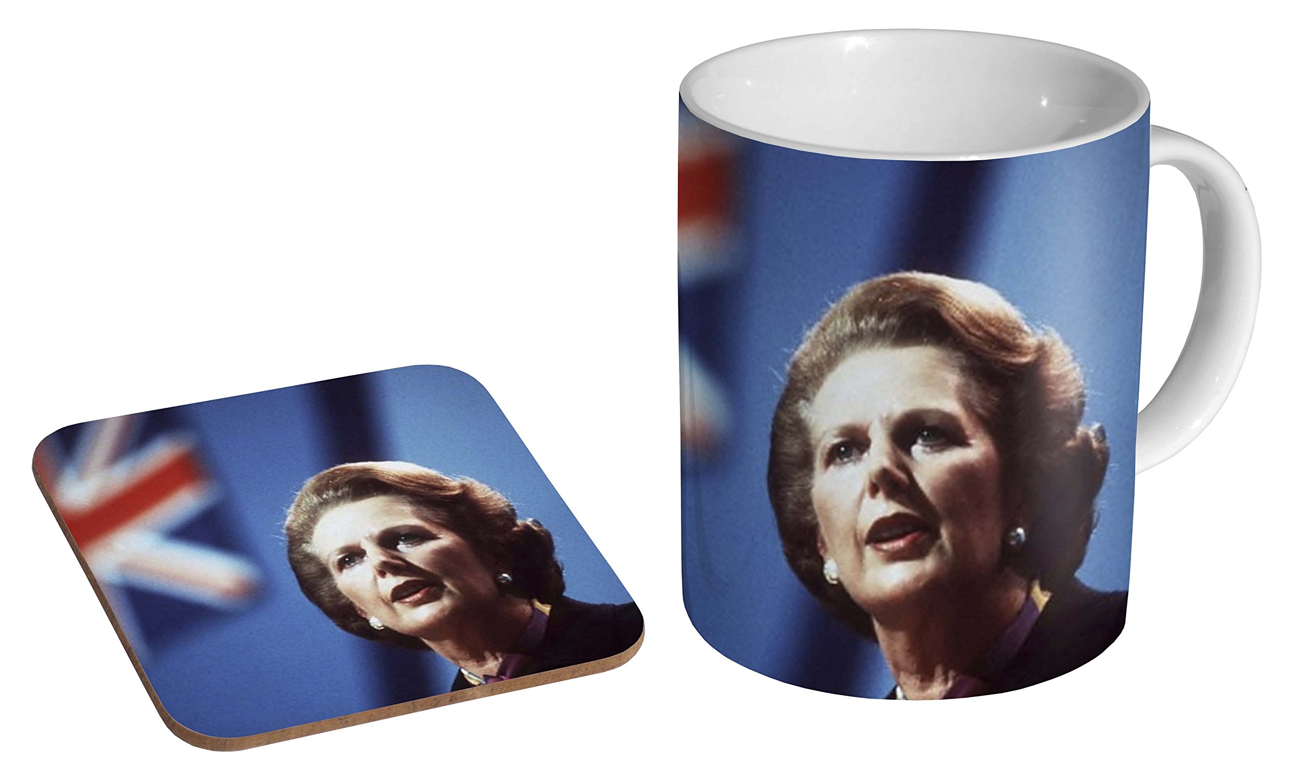 Mugmart White Margaret Thatcher Union Jack Great Britan Ceramic Coffee Mug + Coaster Gift Set …