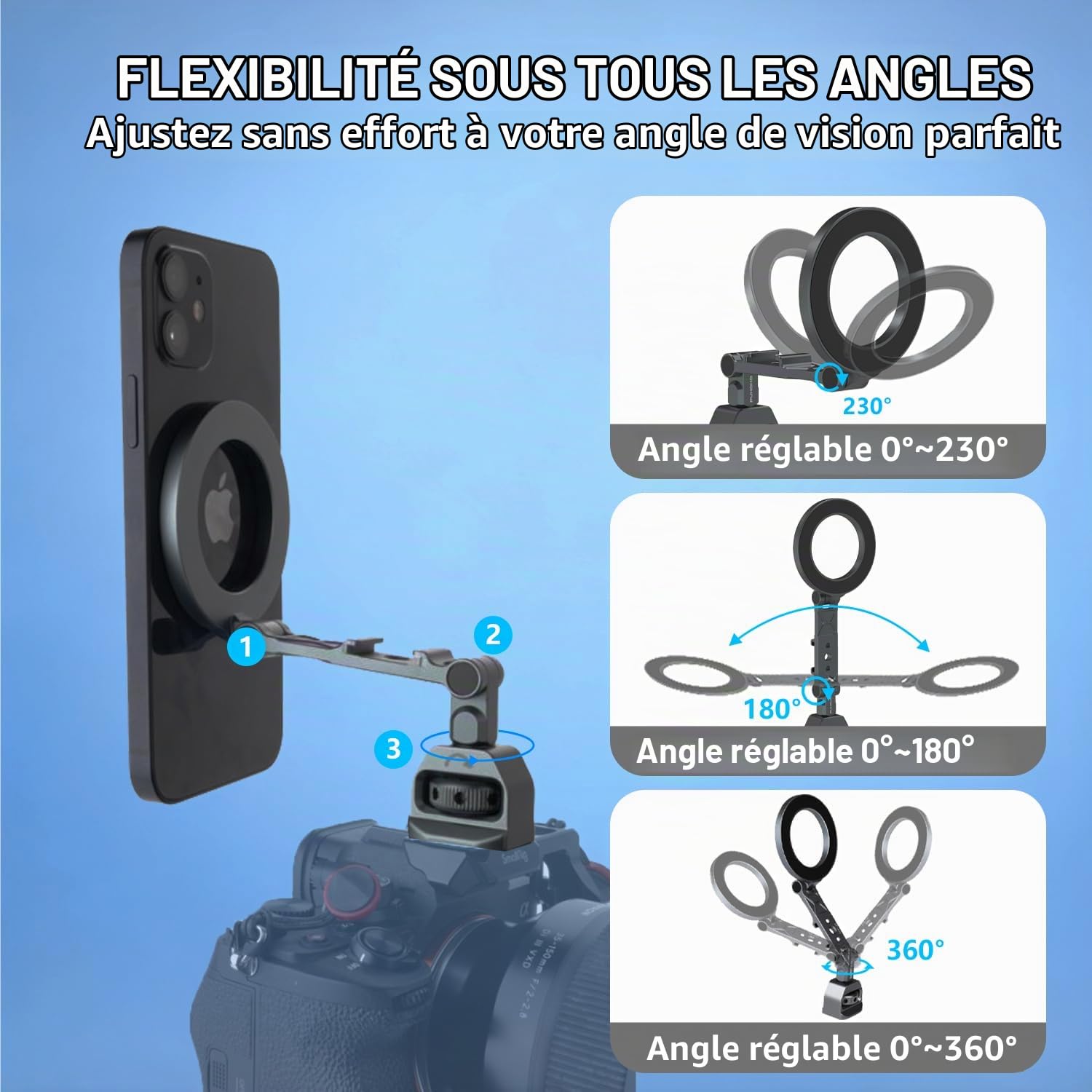Support Magnétique pour Téléphone Magic Arm avec Plusieurs Trous de vis 1/4’’ pour Le Montage de Plusieurs Appareils, Convient à la Plupart des Téléphones