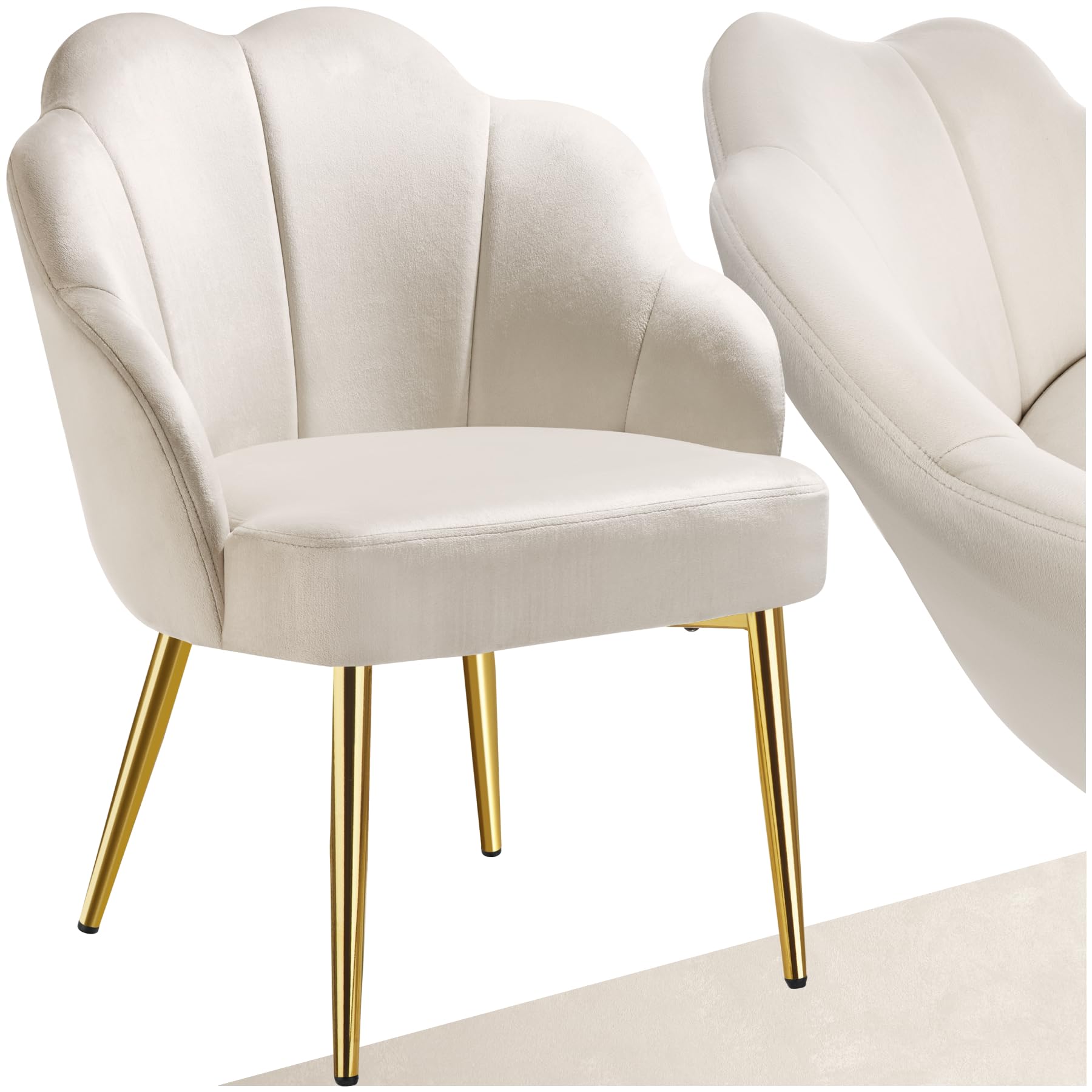 tectake® Cocktailsessel in Muschelform, Samt Stuhl mit Armlehne, Sessel Wohnzimmer, Loungesessel, Stühle Esszimmer, Relaxsessel, Sessel Schlafzimmer, Deko Zimmer, Lesesessel - créme/Gold, 1 Stuhl