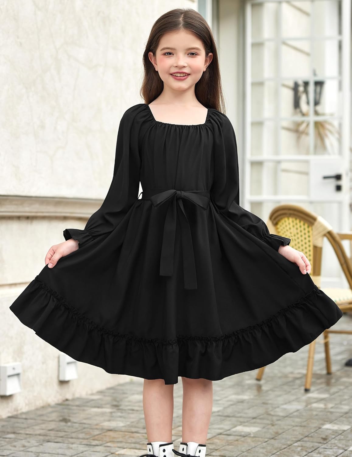 Arshiner Girls Long Sleeve Dresses Fall Party Formal Holiday Swing Flowy Ruffle Midi Dress - Image 3