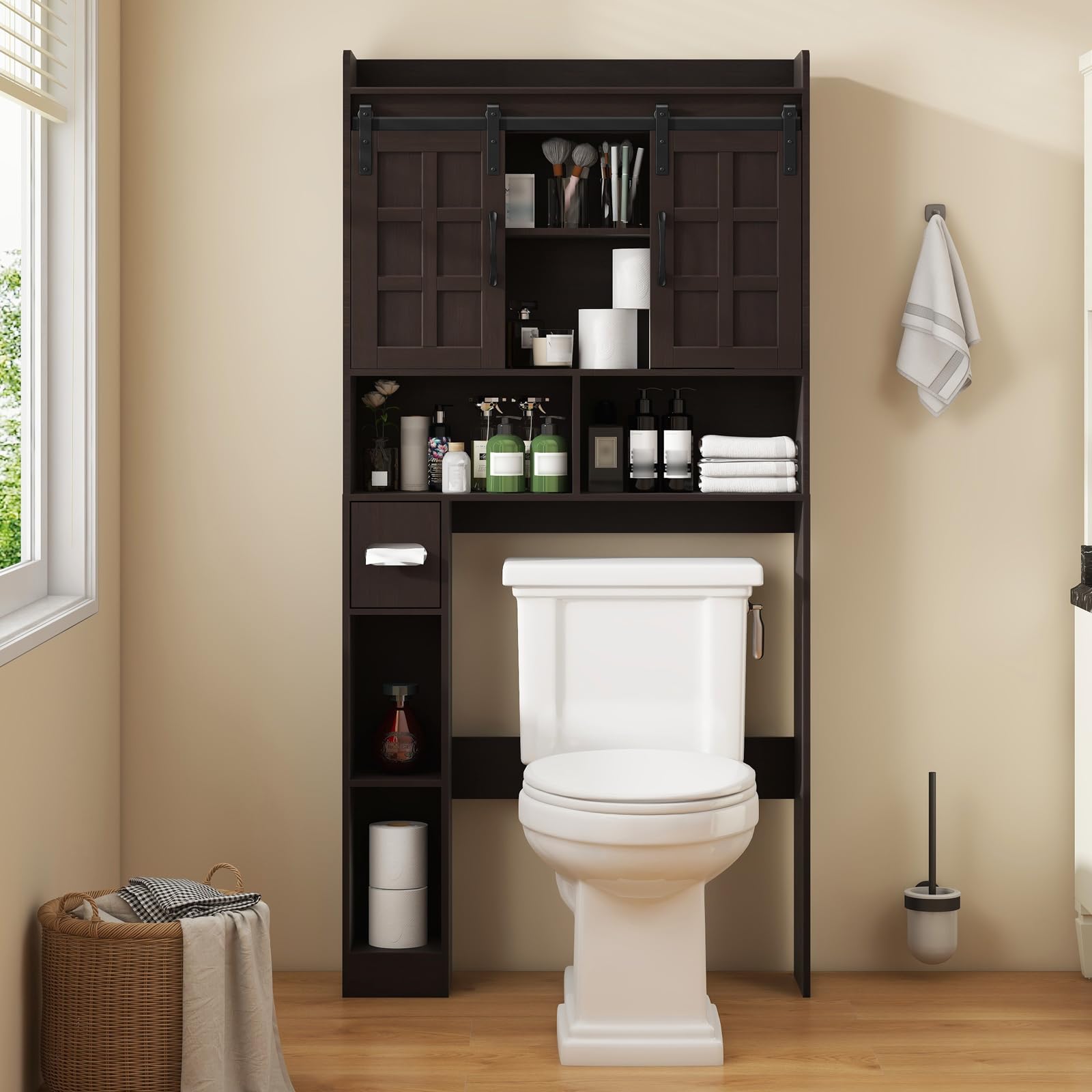 Scaffale per WC con 2 ante scorrevoli e porta carta igienica | Armadietto da bagno autoportante in stile rustico bianco, 77 x 19 x 171,5 cm, con ripiano regolabile e modulo laterale