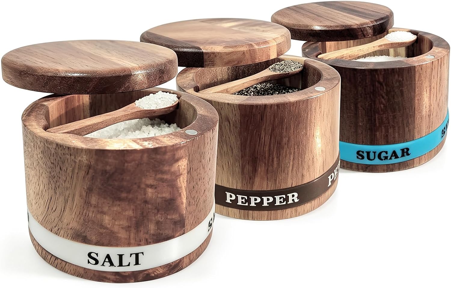 ThougrLyh Salt Cellar, Acacia Wood Salt, Pepper & Sugar Containers with Lid | Built-in Spoon, Luminous Engraved SALT Label Holder, 3pcs Salt Bowl Spice Storage Set, 6oz Salt Box for Kitchen Countertop