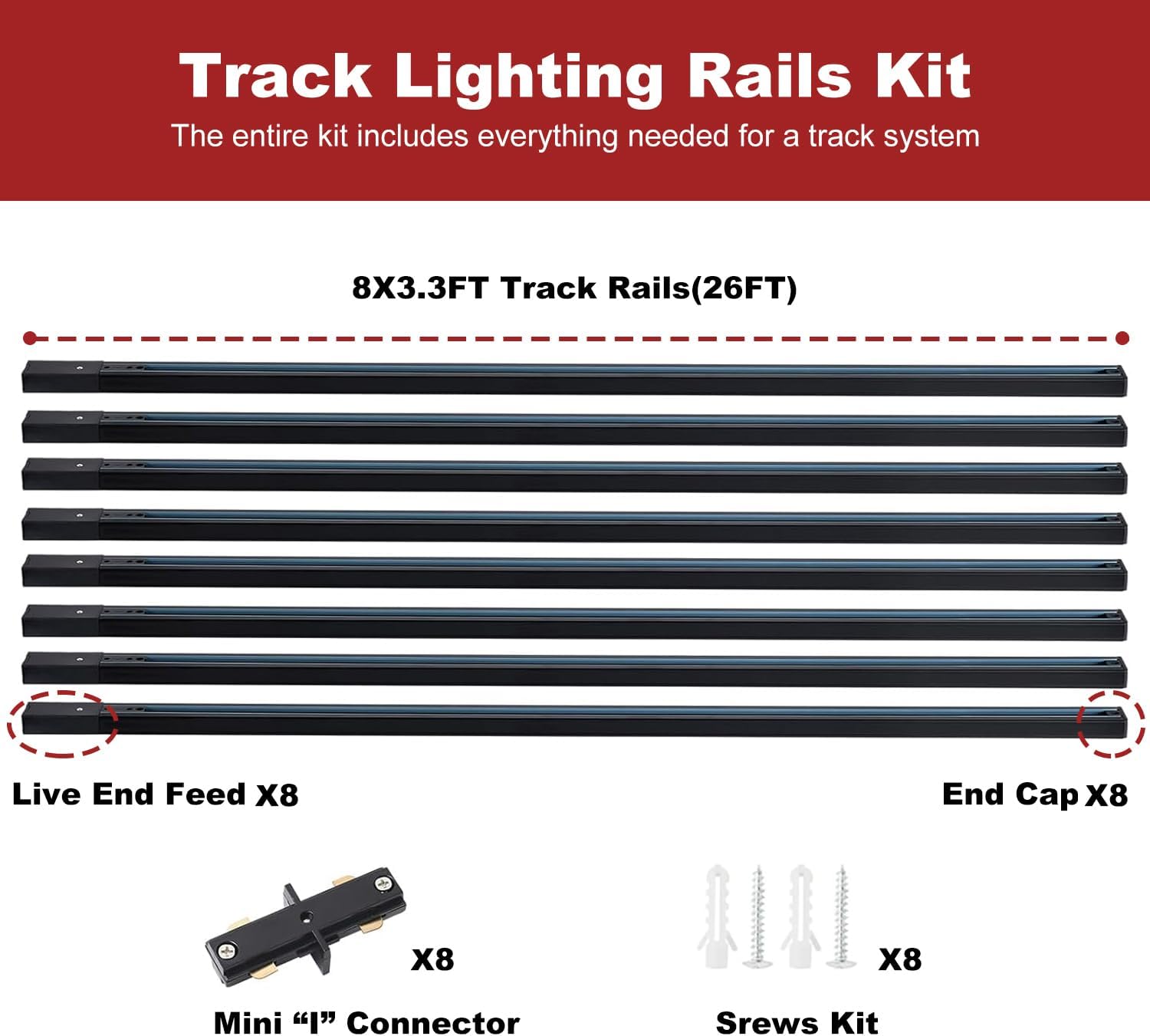 26FT H Type Black Track Lighting Rails Kit with End Caps and Live End Feed Connector, Compatible with 3-Wire Single Circuit H Style Track System Black 26FT