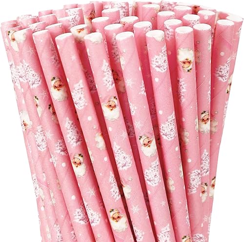 Miniatura 8 de AnyDesign - 100 popotes de Navidad de bastón de caramelo, pajitas de papel desechables de invierno rojo y blanco para Navidad, para decoraciones de