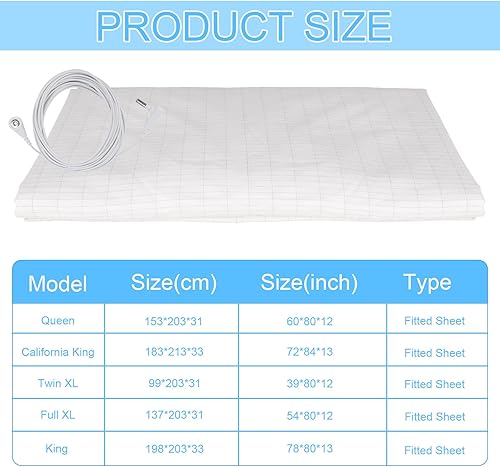 Miniatura 5 de Sábana bajera ajustable con cable de conexión a tierra, 5% fibra plateada y 95% fibra de algodón, sábana de puesta a tierra conductiva para un mejor