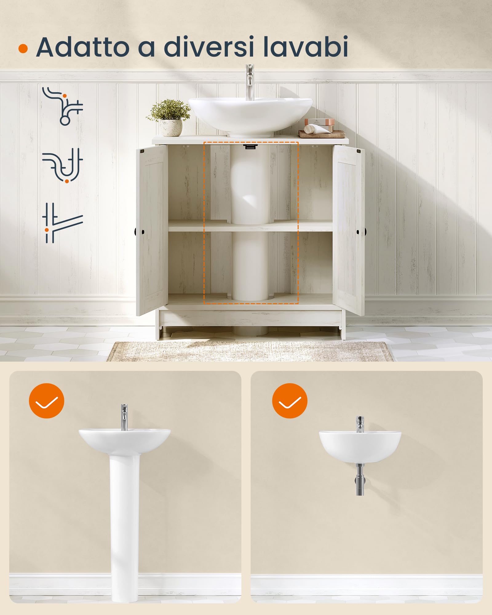 SONGMICS HOME Mobile Sottolavabo da Bagno, Montaggio Rapido Senza Attrezzi Toolless, Mobiletto con Ripiano Regolabile per Lavabo con o senza Colonna, Bianco Vintage BBC223WJ01
