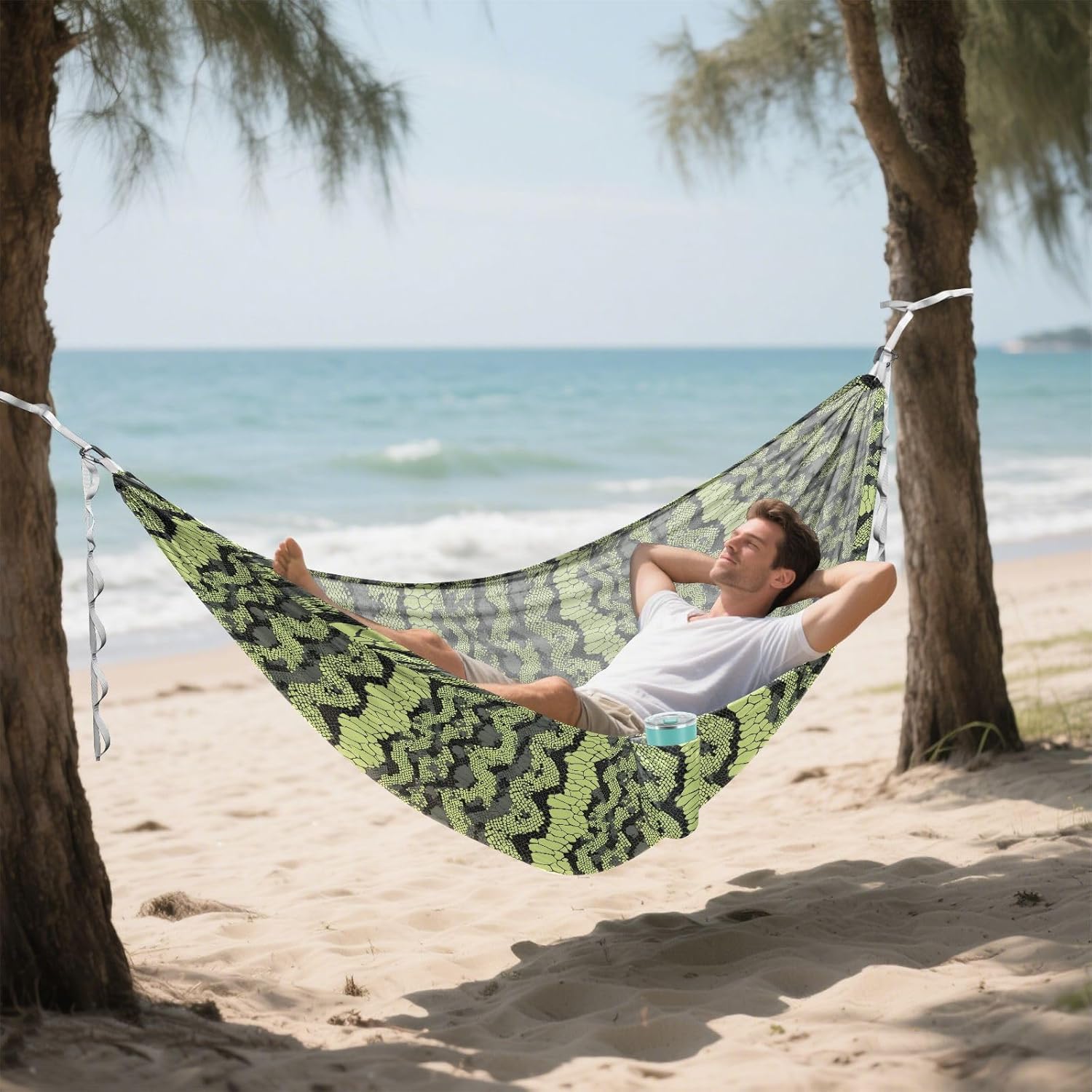 ALAZA Light Green Snake Print Camping Hammocks Single or 2 Person 500 lbs Portable Parachute Travel Hammock w/Tree Straps for Hiking Backpacking Indoor Outdoor