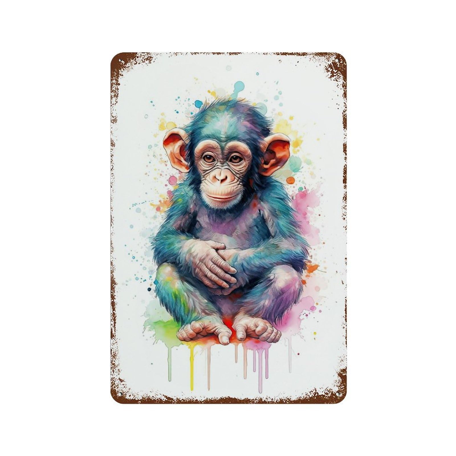 Watercolor Baby Monkey Rust Effect Tin Sign 11.8"x7.9", Vintage Wall Decor for Pub, Kitchen And Man Cave Decor
