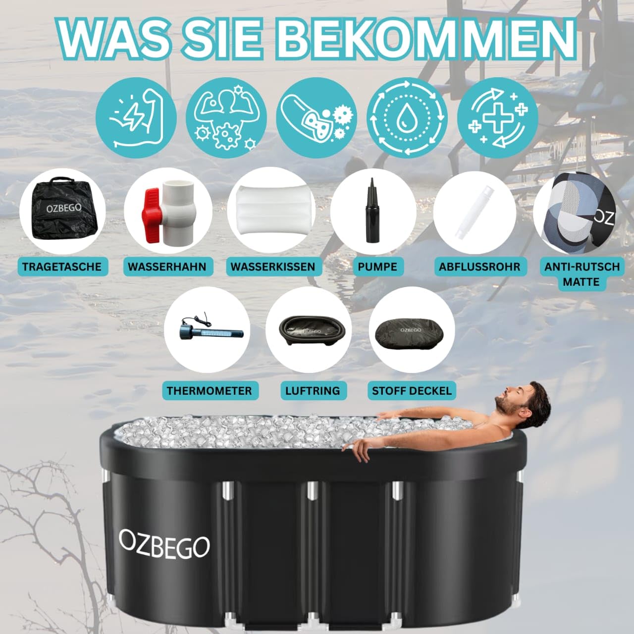 Eiswanne XL Tauchbecken Eisbad Set mit Deckel Tasche Luftringabdeckung Badewanne für Erwachsene Ice Bath Zubehör Eisbaden Tonne Outdoor Eistonne Mobile Badewanne
