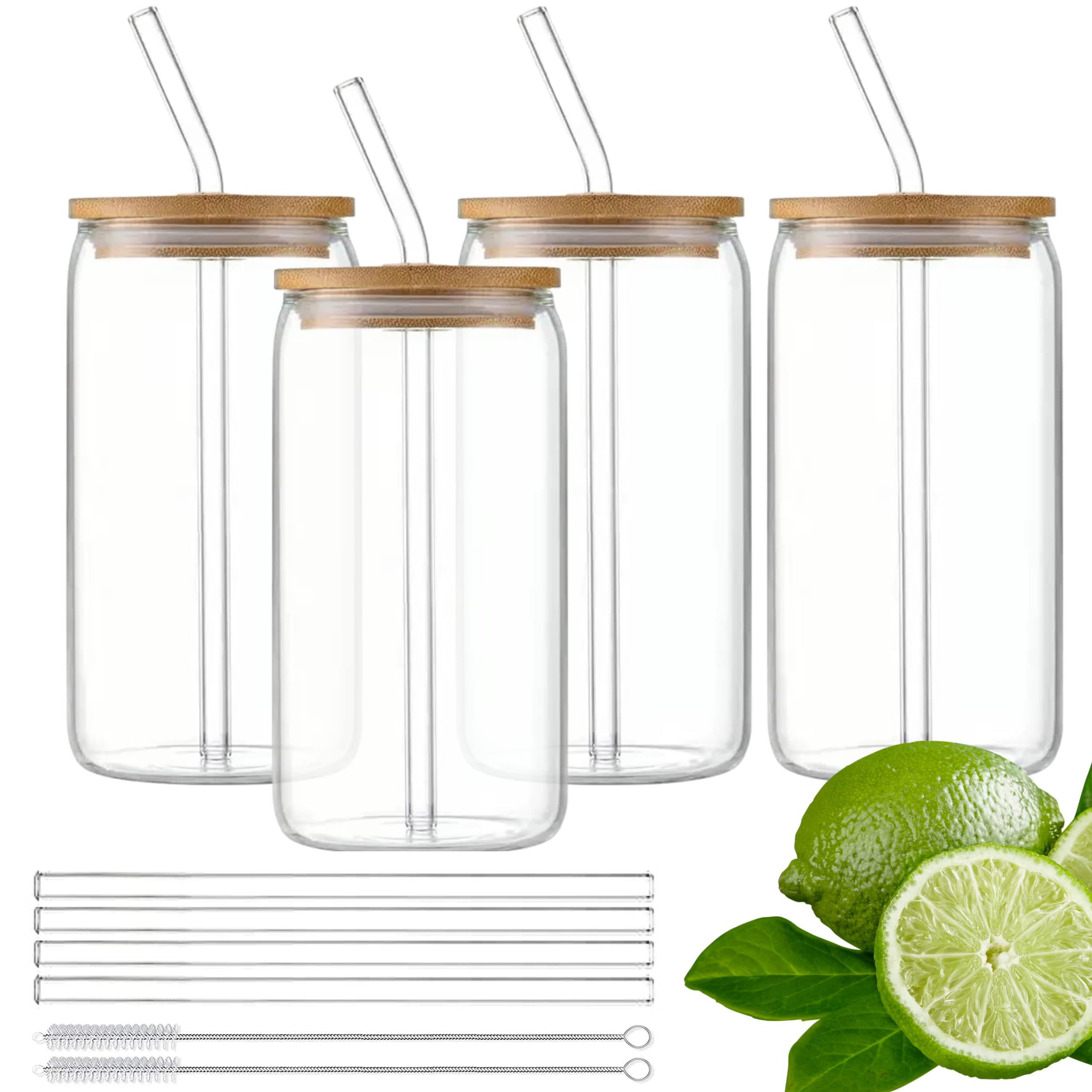 YARRD 20OZ Clear Glasses Drinking Set – 4 Drinking Glass with Bamboo Lids and Straws for Iced Coffee Tumbler with Lid and Straw Clear Glass Cups with Bamboo Lids and Straws, Gift - 2 Cleaning Brushes