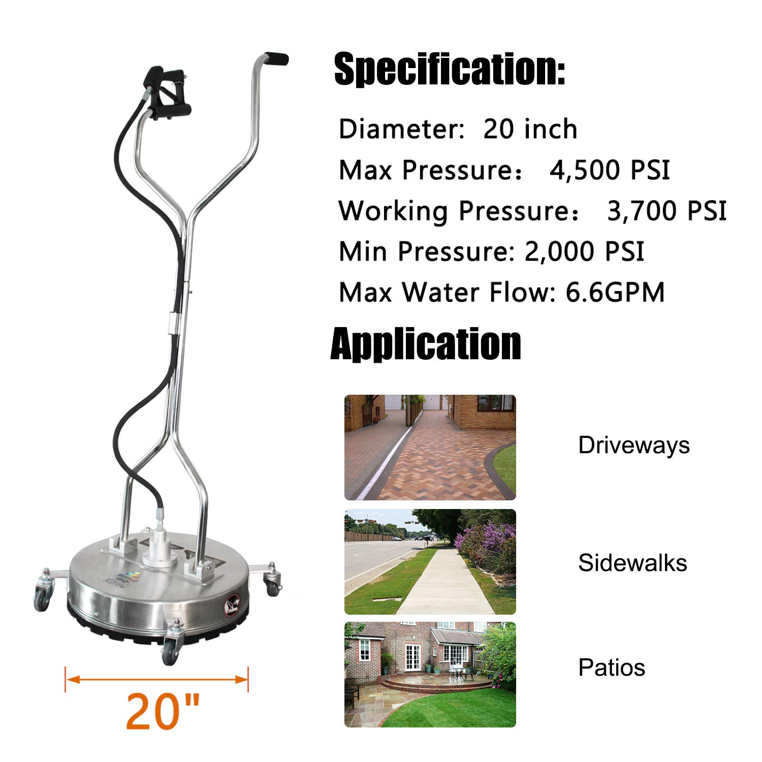 EDOU 20Inch Pressure Washer Surface Cleaner Dual Handle Circular