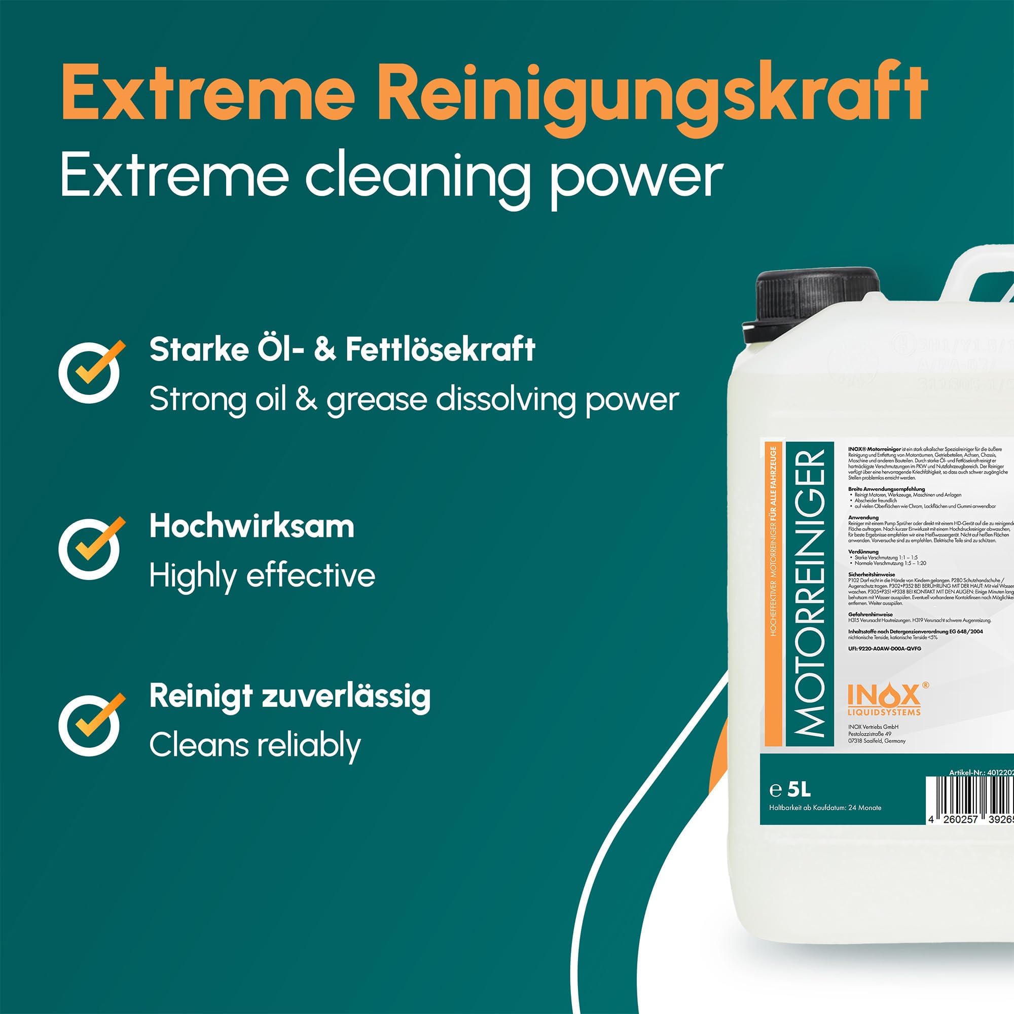 INOX® Motorreiniger Konzentrat für Auto, 4x5L – Motorenreiniger, Motorraum-Reiniger für KFZ