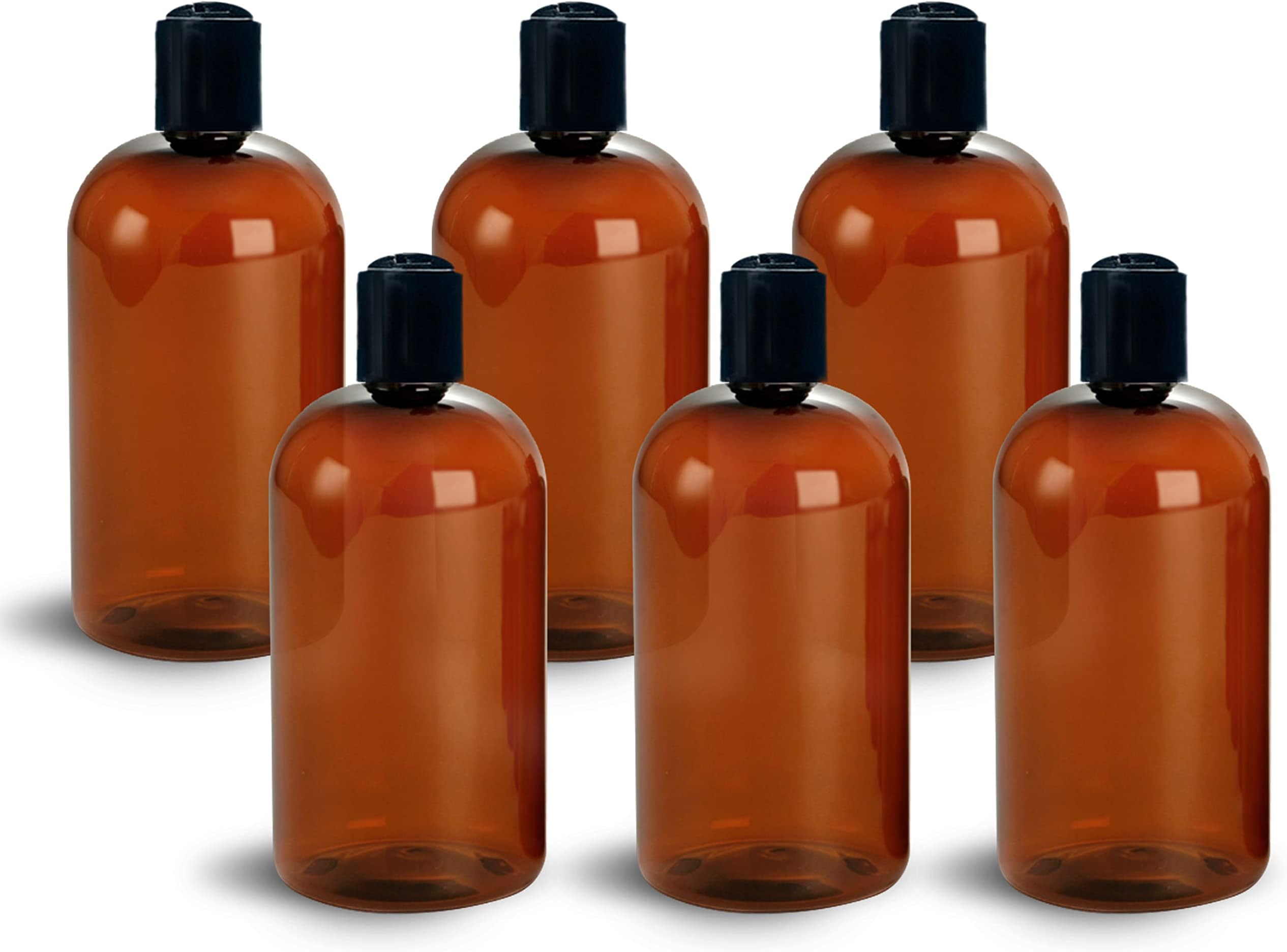 ljdeals 16 oz Amber PET Plastic Refillable Bottles with Black Disc Top Caps, Reusable Containers for Shampoo, Lotions, Cream and More, Pack of 6, BPA Free, Made in USA